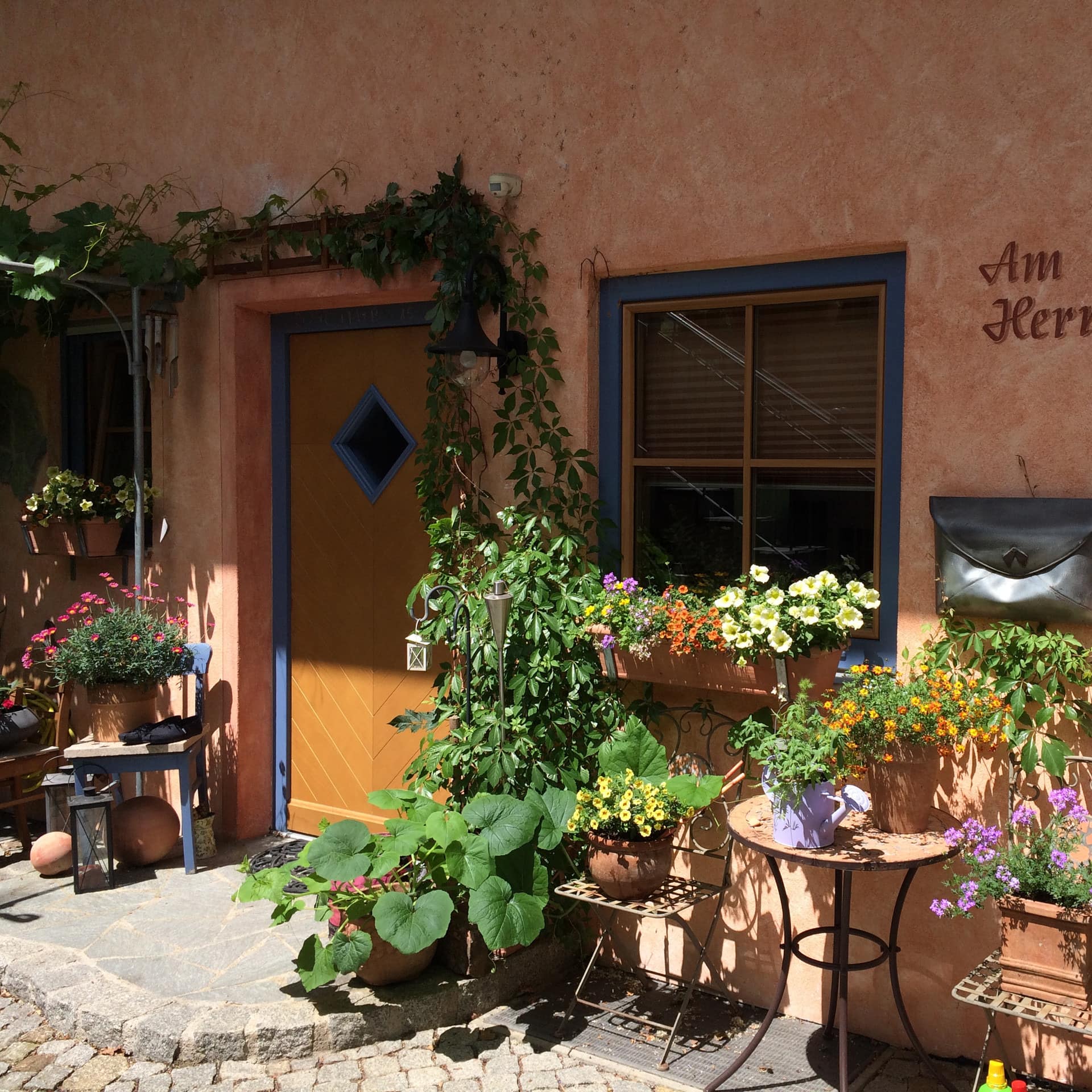 Pension am Chiemsee mit gemütlichem Eingang – Holztür und eine Reihe von Pflanzen und Blumen
