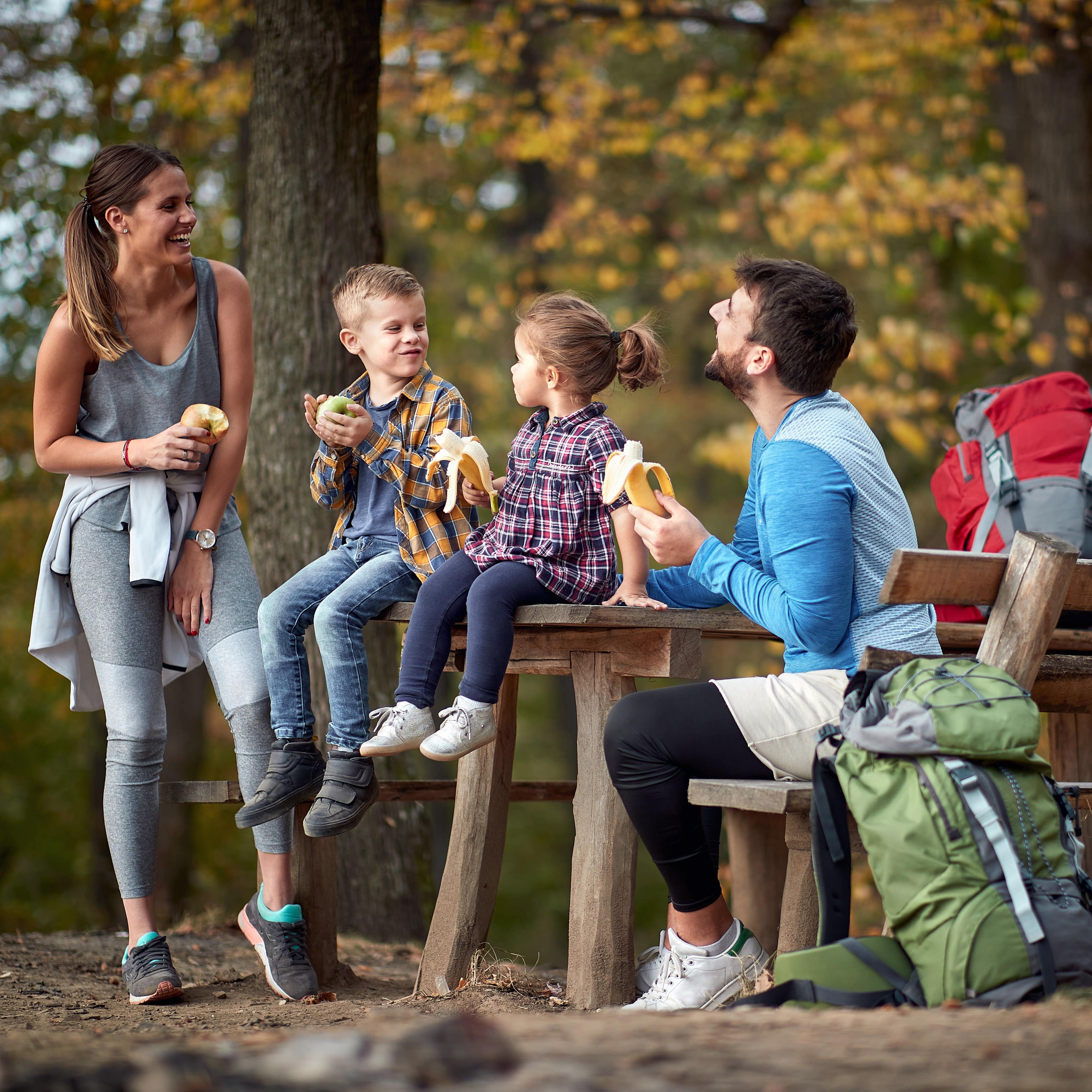 Eine Familie beim Rasten im Wald