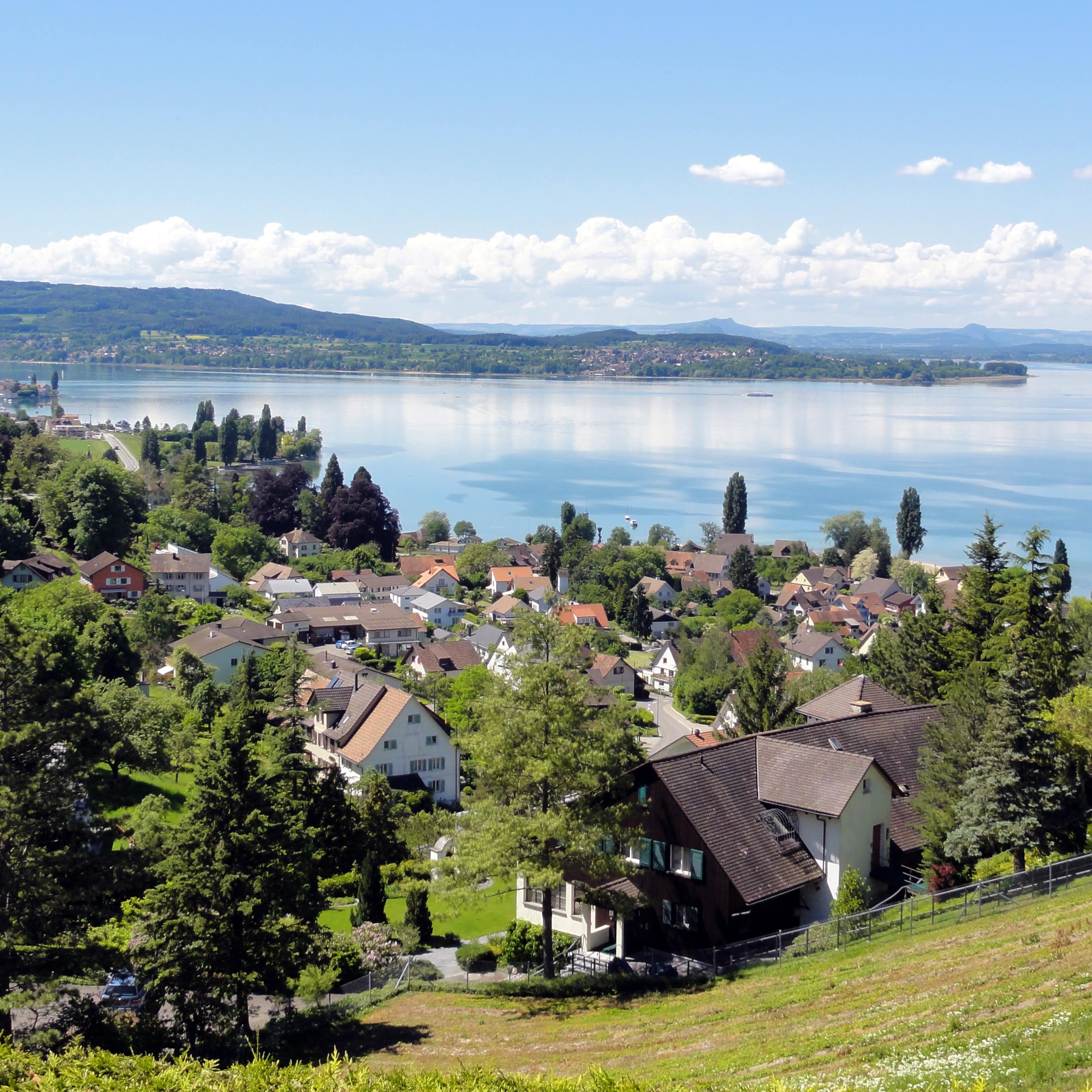 Blick über einen Ort am Bodensee und auf den See. 