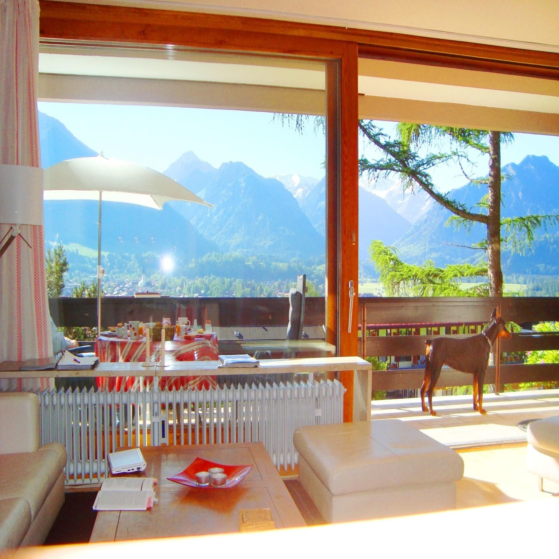 Blick vom Wohnzimmer auf einen Balkon mit Hund und Aussicht auf die Berge um Oberstdorf. 
