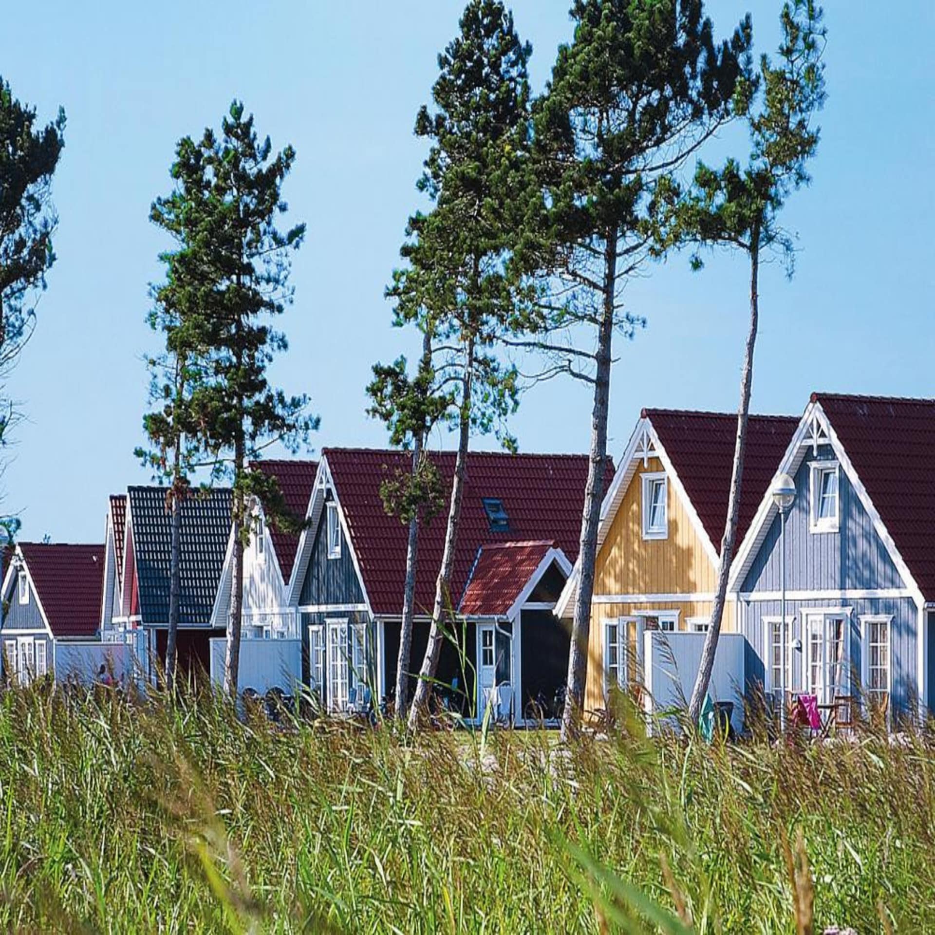 Ferienpark in Dänemark mit bunten skandinavischen Holzhäusern.