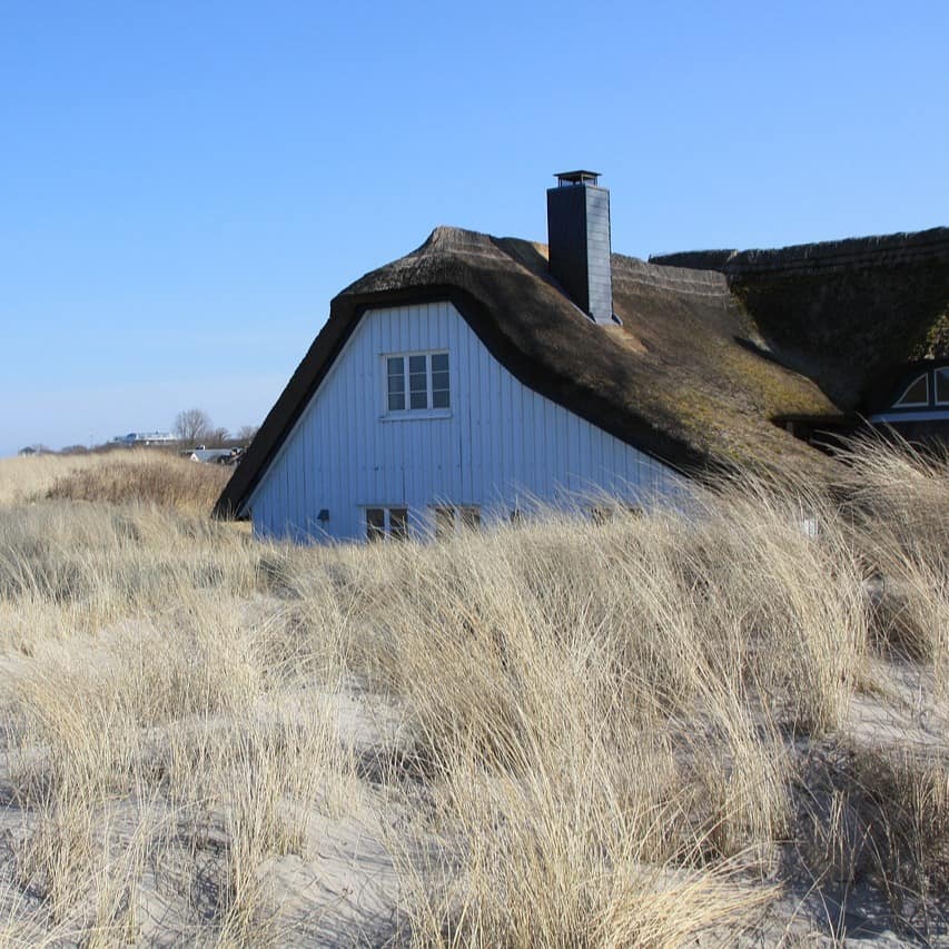 Ein Haus an der Ostsee direkt am Strand liegt inmitten einer Dünenlandschaft