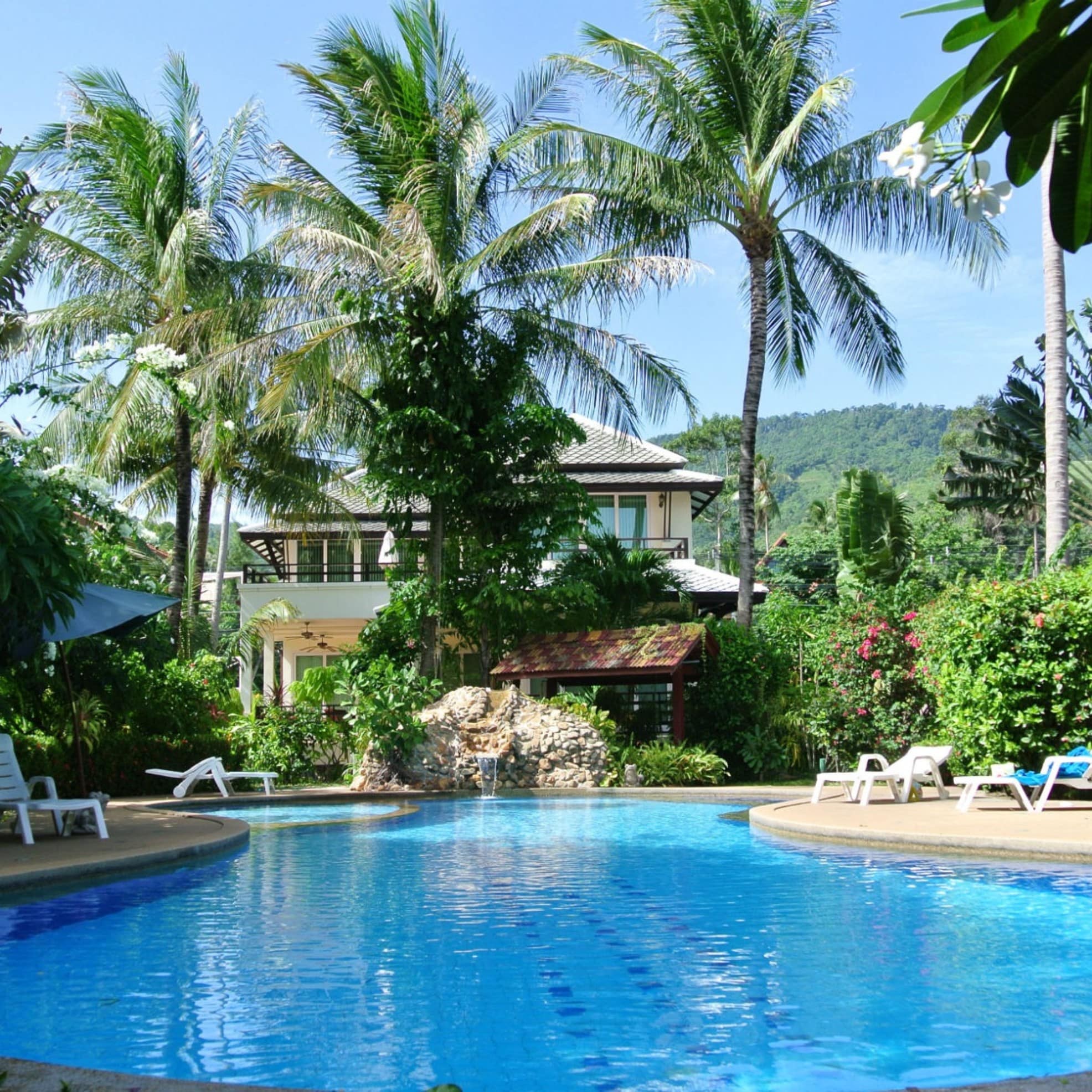Bungalow auf Koh Samui mit Pool und Sonnenliegen umgeben von einem tropischen Garten