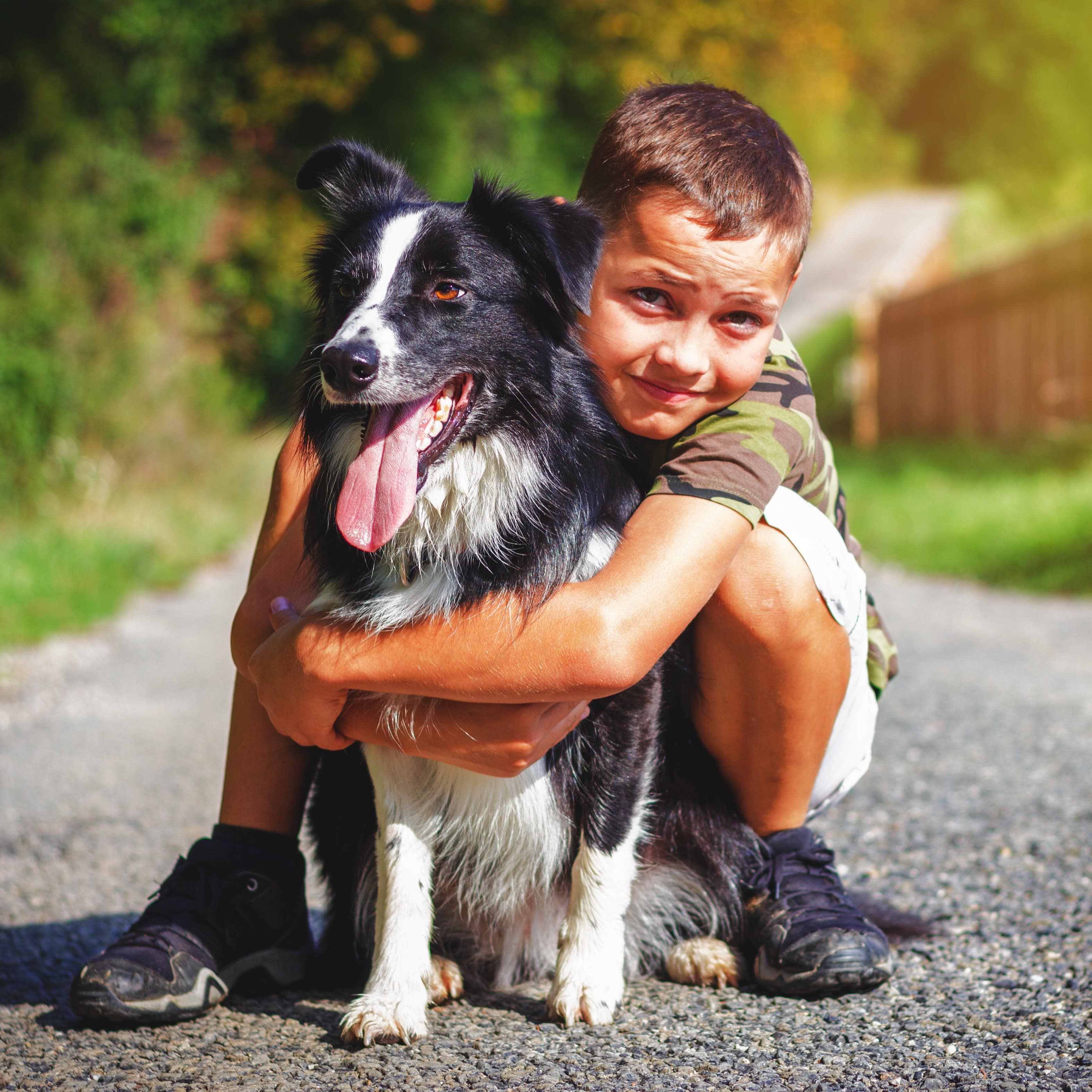 Ein Junge umarmt einen Hund