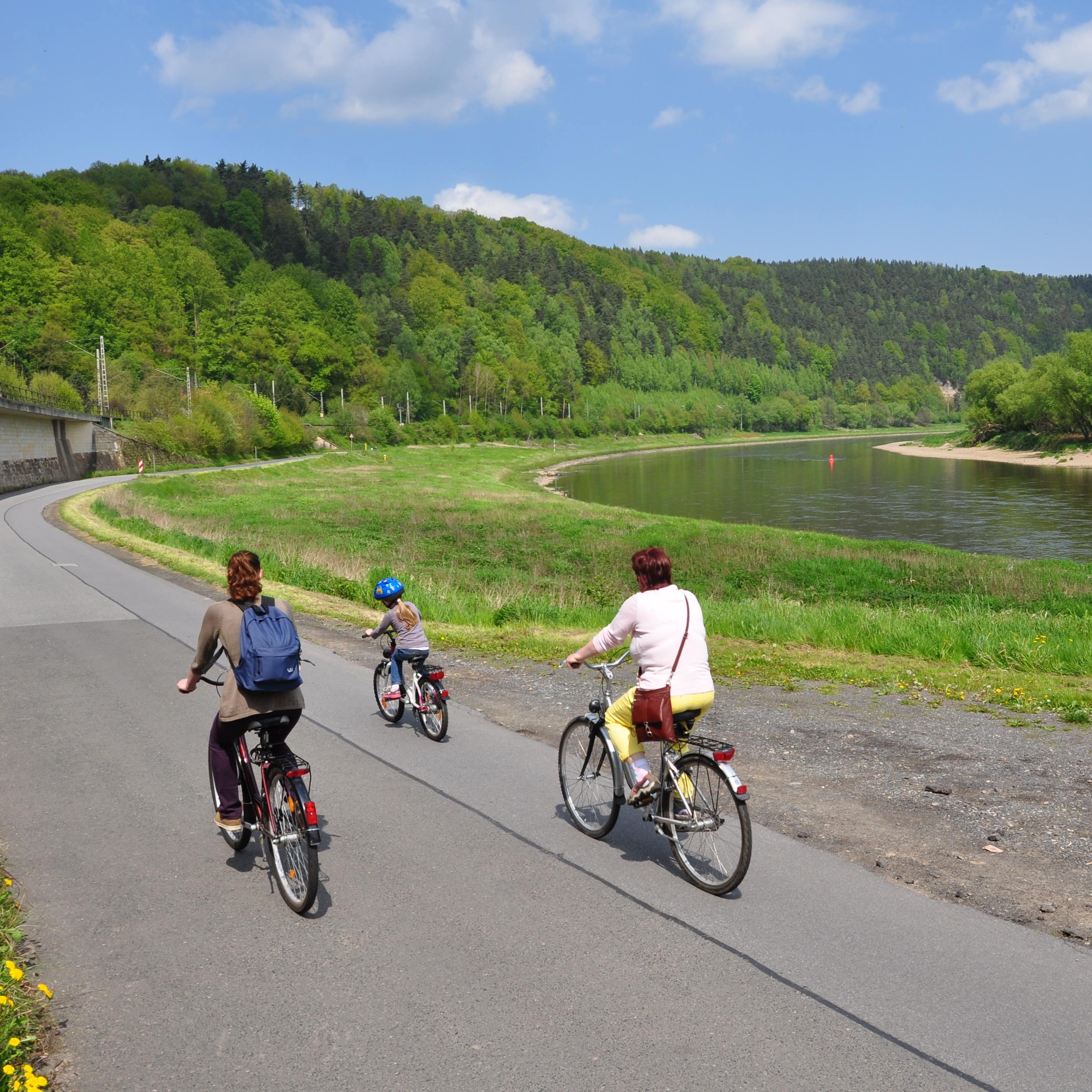 Radfahrer mit Kind auf dem Elberadweg