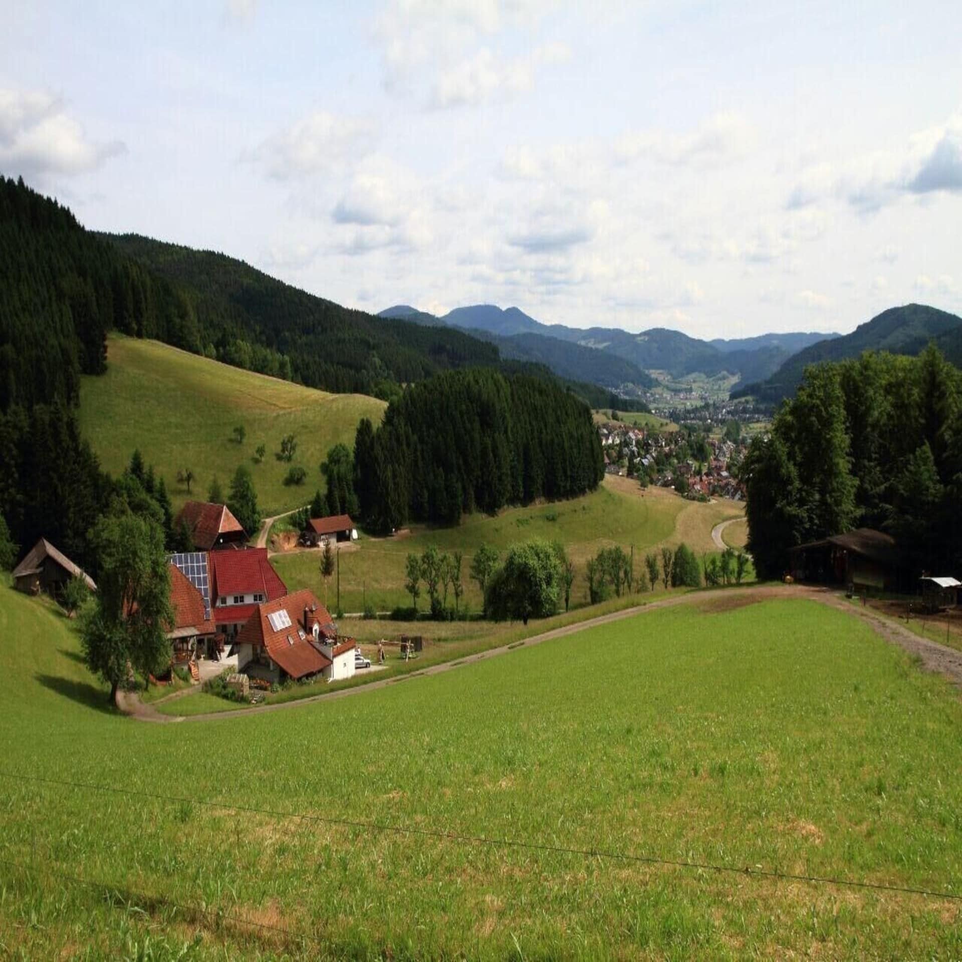 Blick von der Wiese oberhalb eines Bauernhofs auf einen Ort und die grüne Landschaft.