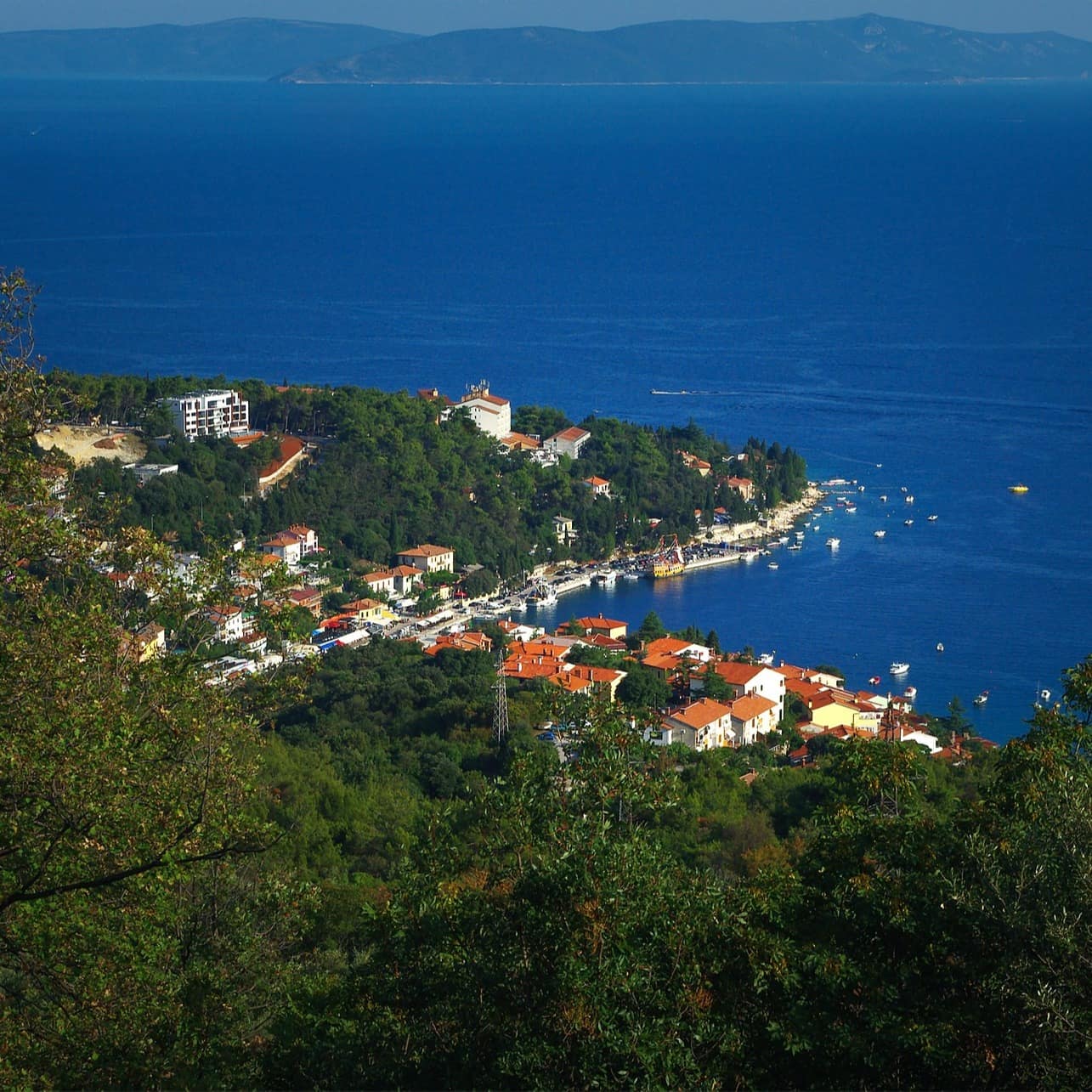 Blick von oben auf eine Stadt in Istrien mit Häusern direkt am Wasser 