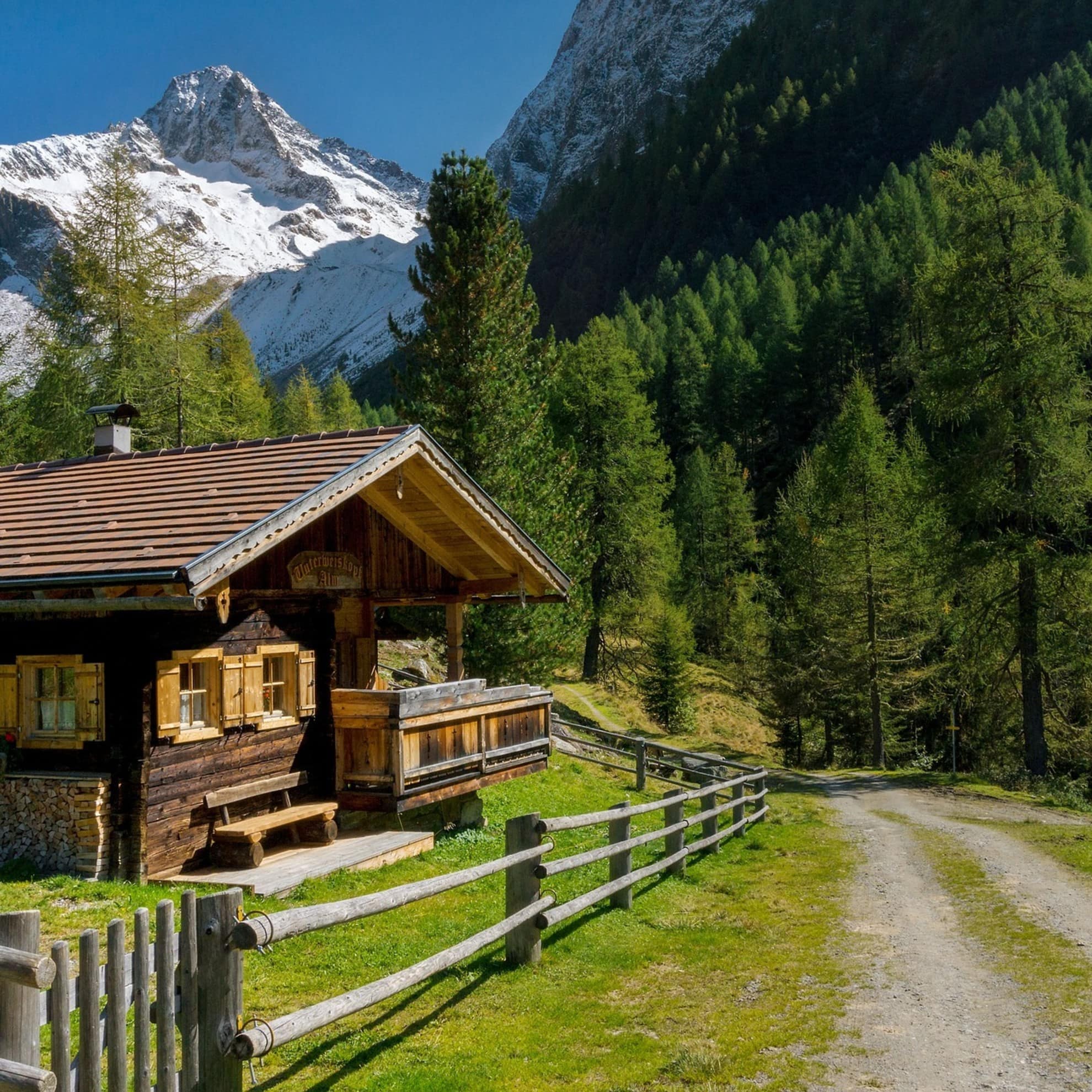 Almhütte umgeben von Bäumen mit Bergen im Hintergrund