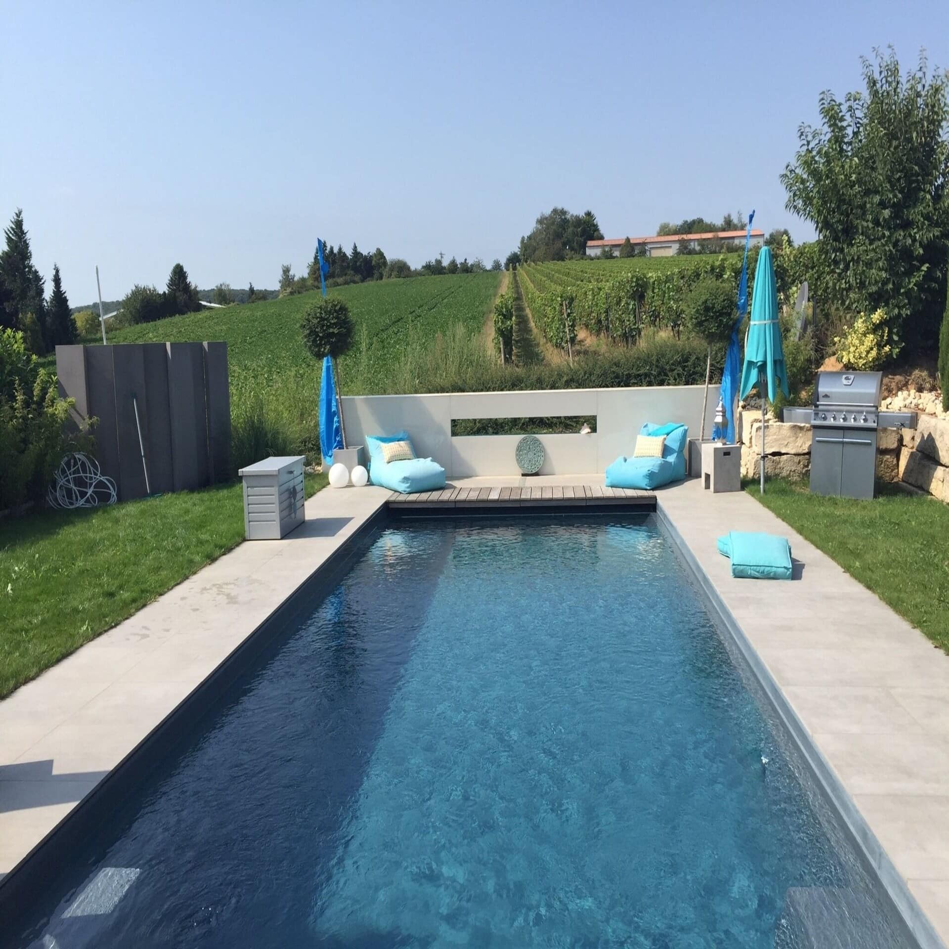 Blick über einen Garten mit Pool und Grill und Blick auf die Weinberge.