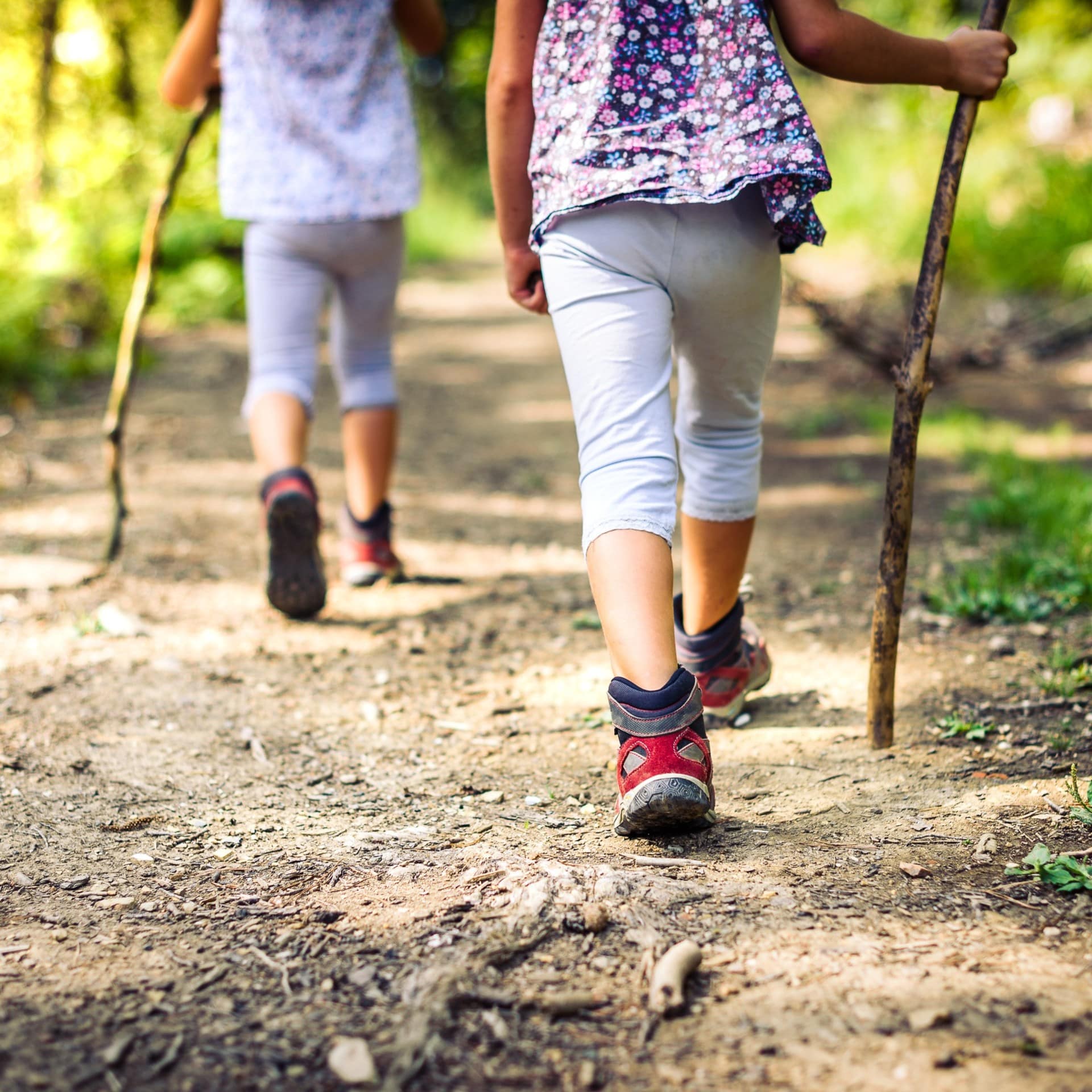 Unterkörper von 2 Kindern in sommerlicher Wanderkleidung beim Wandern auf einem Waldweg.