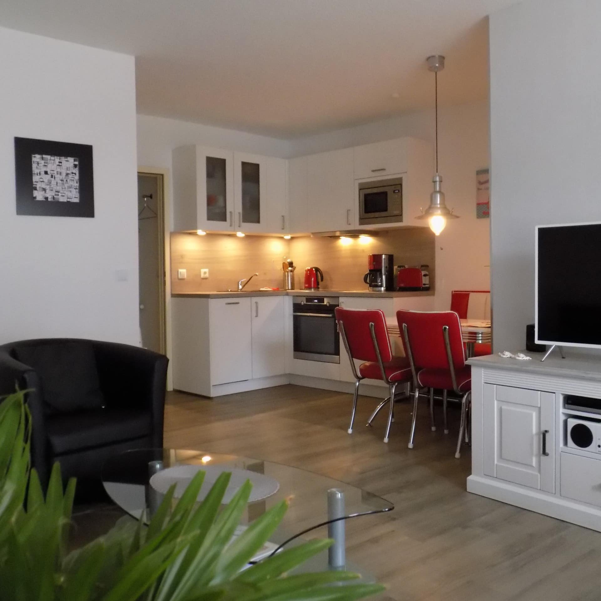 Wohnzimmer und Küche einer modernen Ferienwohnung in Kellenhusen