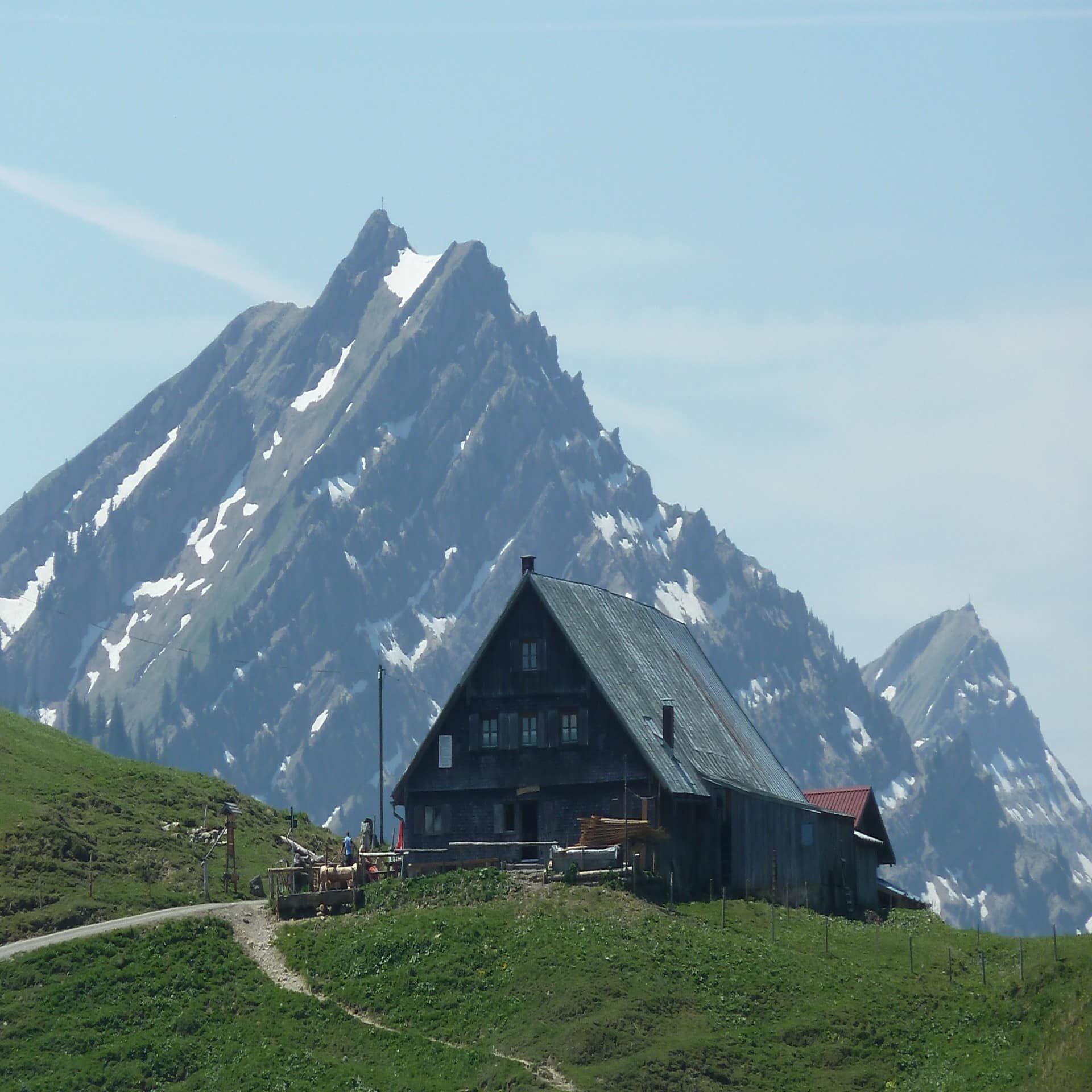 Ein Bergbauernhof auf einer grünen Wiese, dahinter ein Berg.