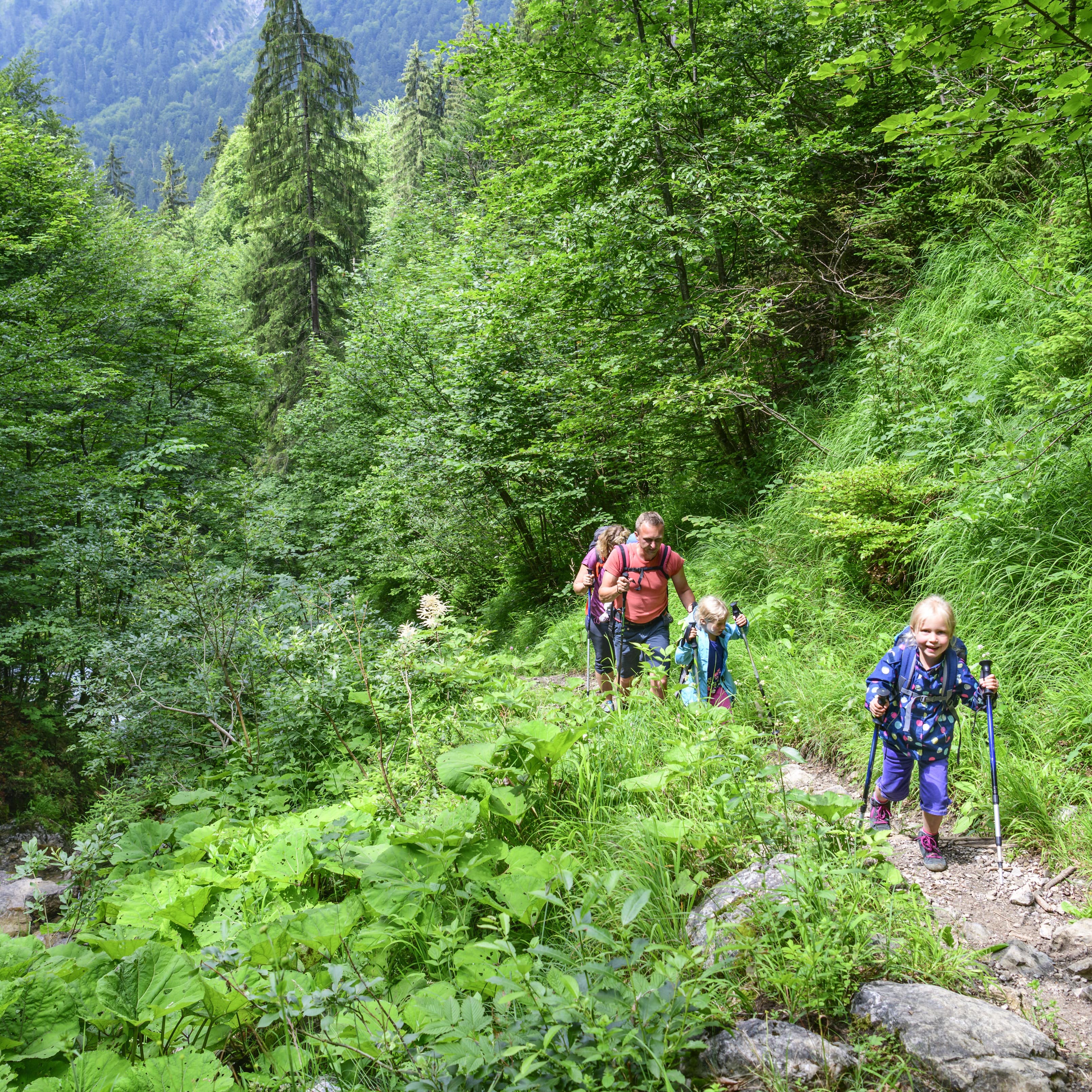 Familie mit 2 Kindern auf einem schmalen Wanderweg in einer bewaldeten Gegend.