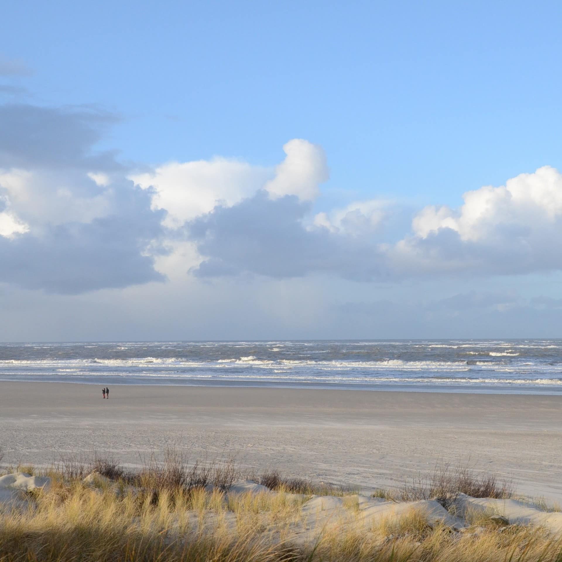 Blick auf den Strand von Spiekeroog und das Meer. Links sind 2 Personen zu sehen.