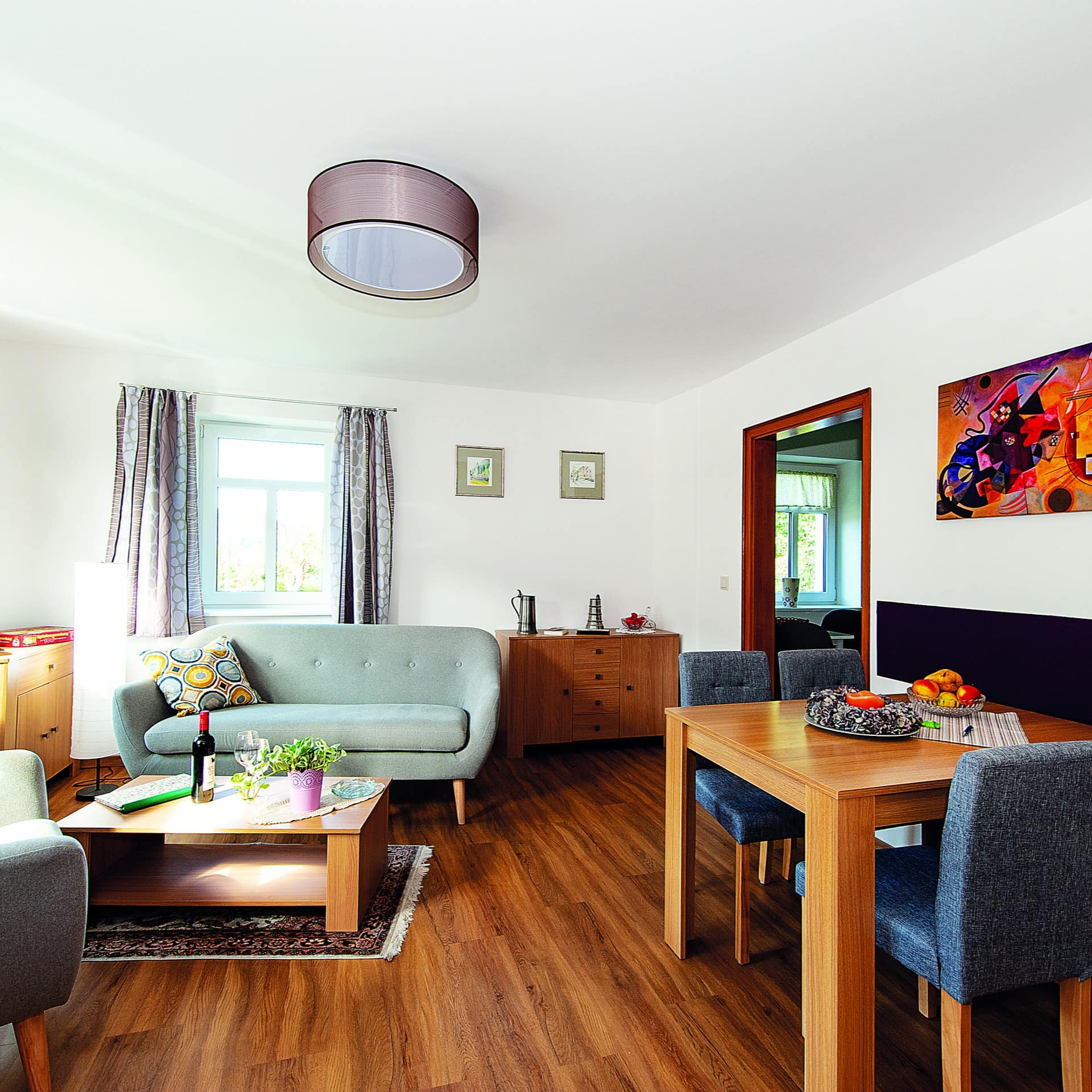Wohnzimmer einer hundefreundlichen Ferienwohnung in Bad Schandau mit moderner Einrichtung 