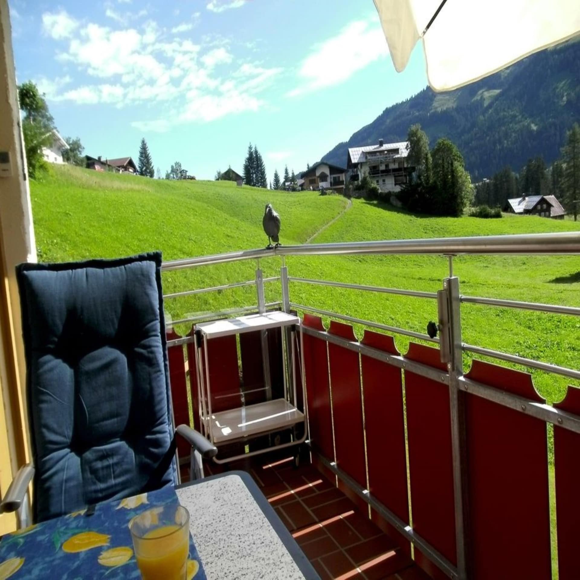 Balkon mit Tisch, Stuhl und Saftglas sowie Blick auf der ländliche Umgebung. Ein Vogel sitzt auf dem Balkongeländer.