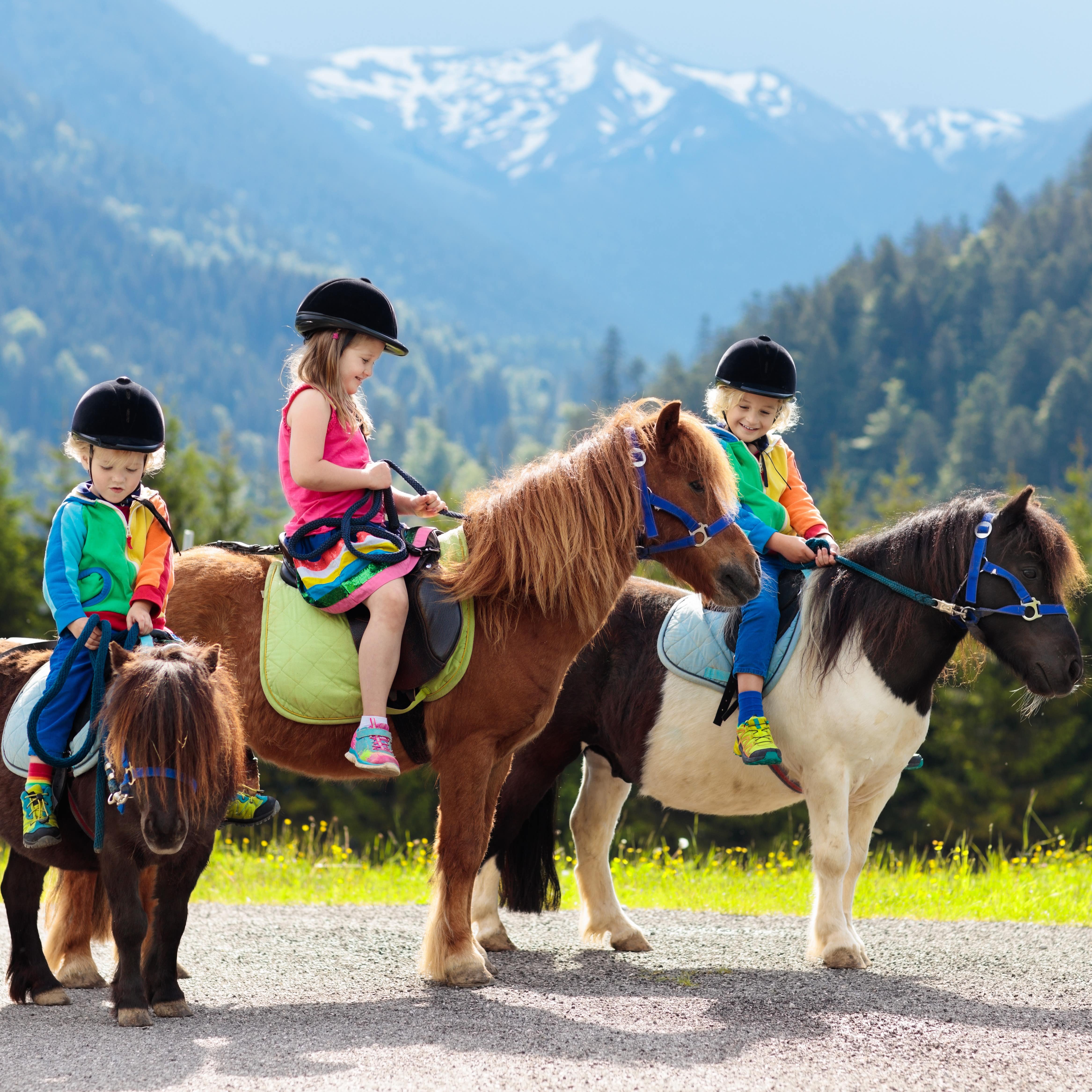 3 kleine Mädchen in bunten Anziehsachen und mit Reiterhelmen auf Ponys in den Alpen.
