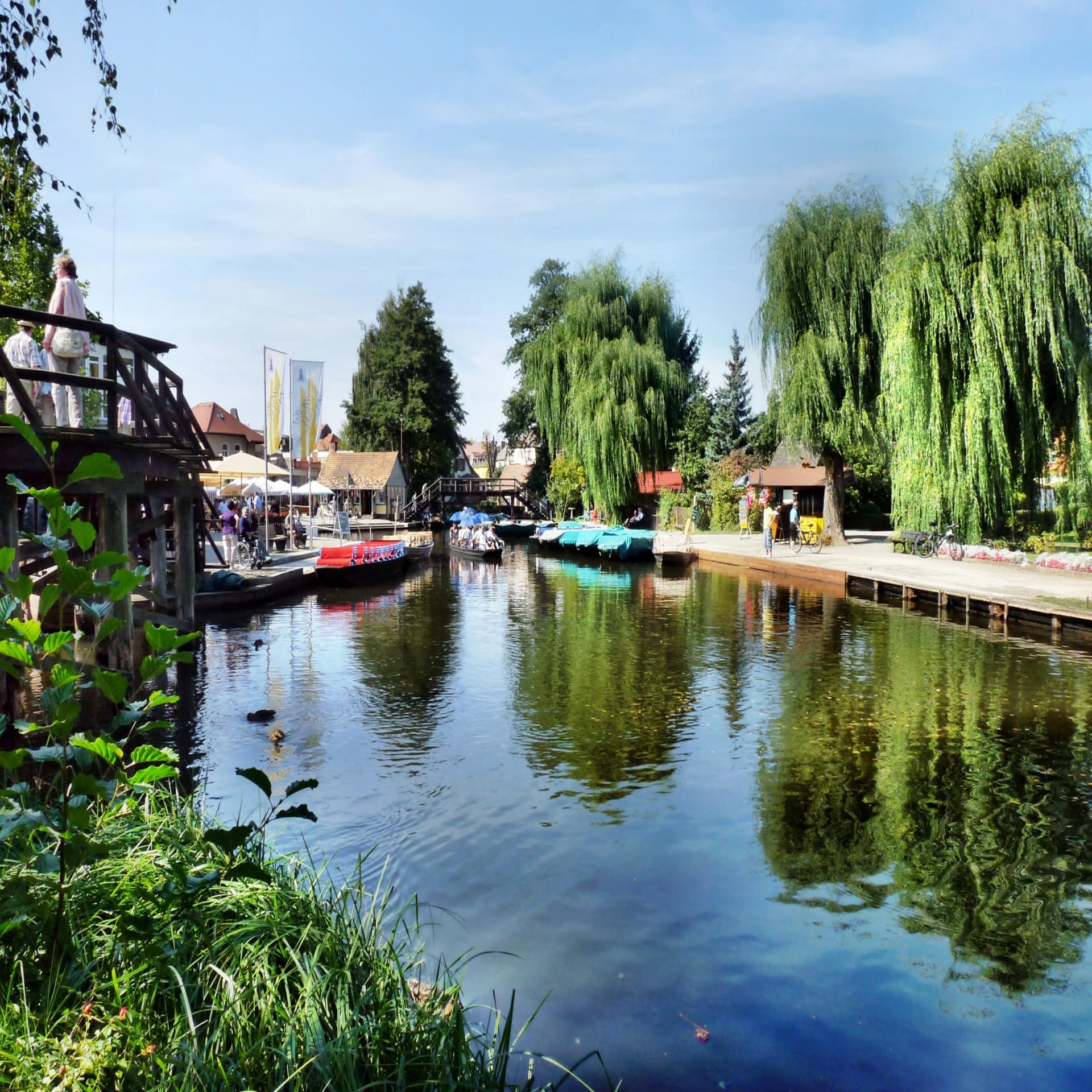 Blick über das Wasser auf einen kleinen Bootsanleger in Lübbenau.