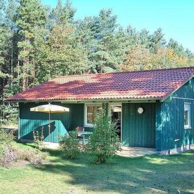 Ein grünes ebenerdiges Holzhaus in einem Ferienpark am Senftenberger See