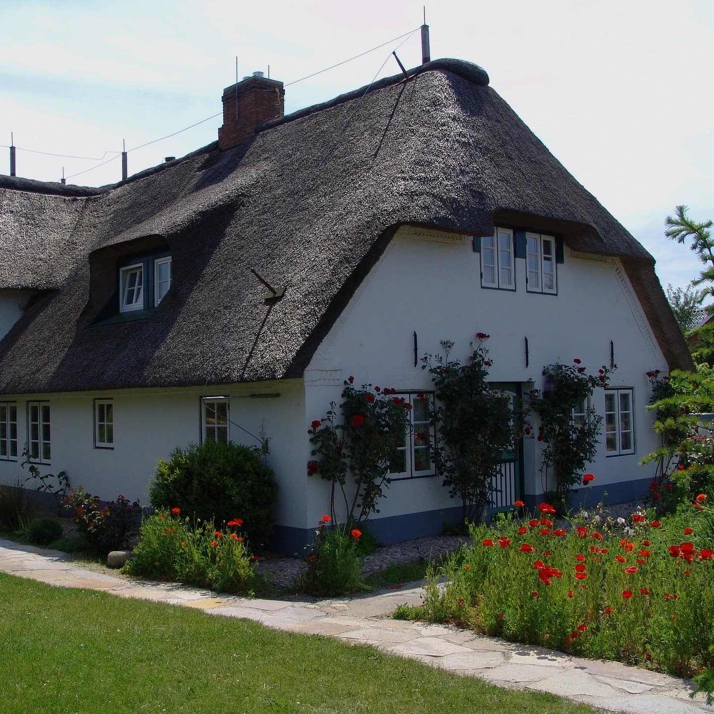 Ein typisches Friesenhaus mit Reetdach umgeben von einem Garten mit Blumen