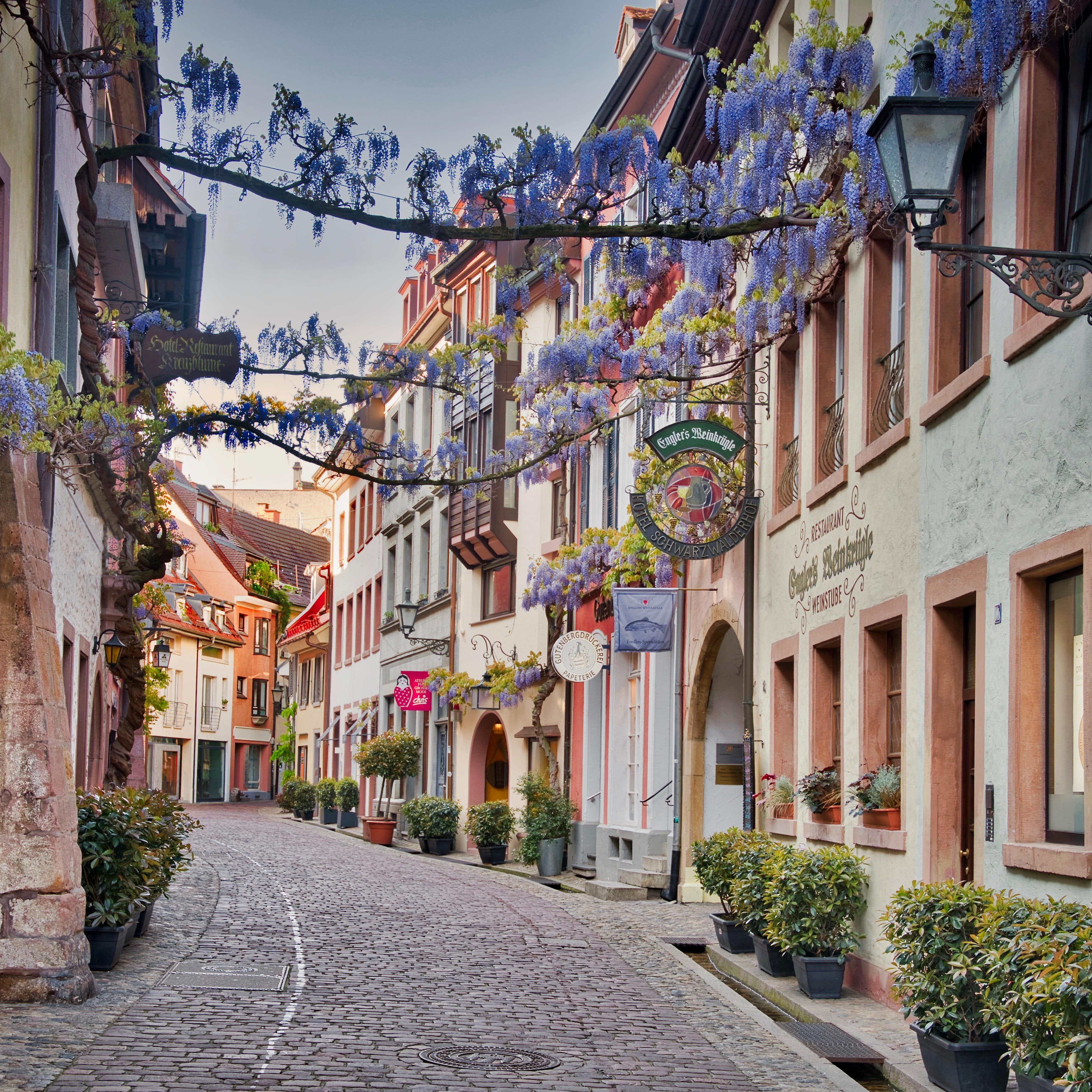 Häuserfassaden in einer kleinen Gasse in der Freiburger Altstadt 