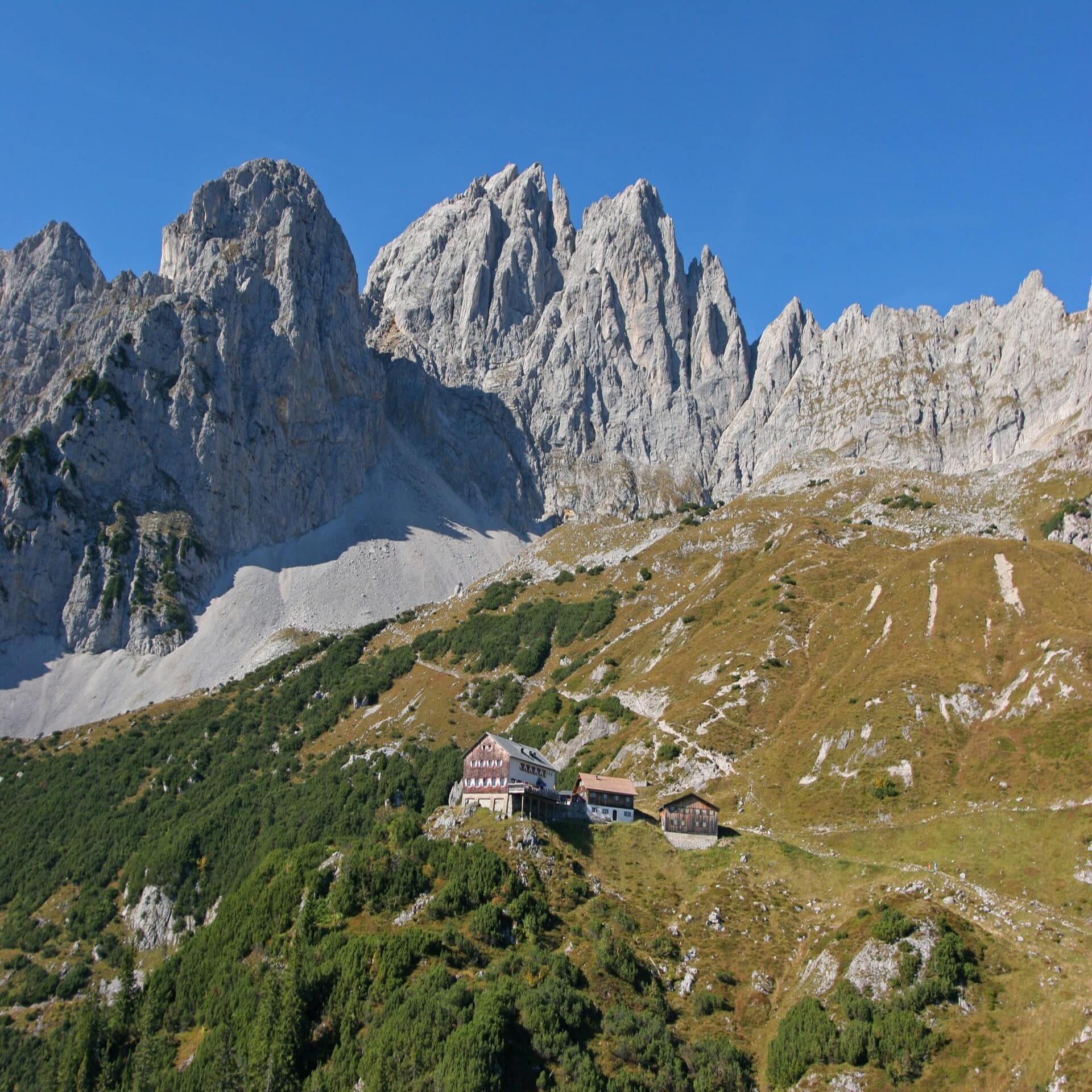 Panoramablick auf die Berge, in der Mitte ein Bergbauernhof. Es ist Sommer, die Sonne scheint.