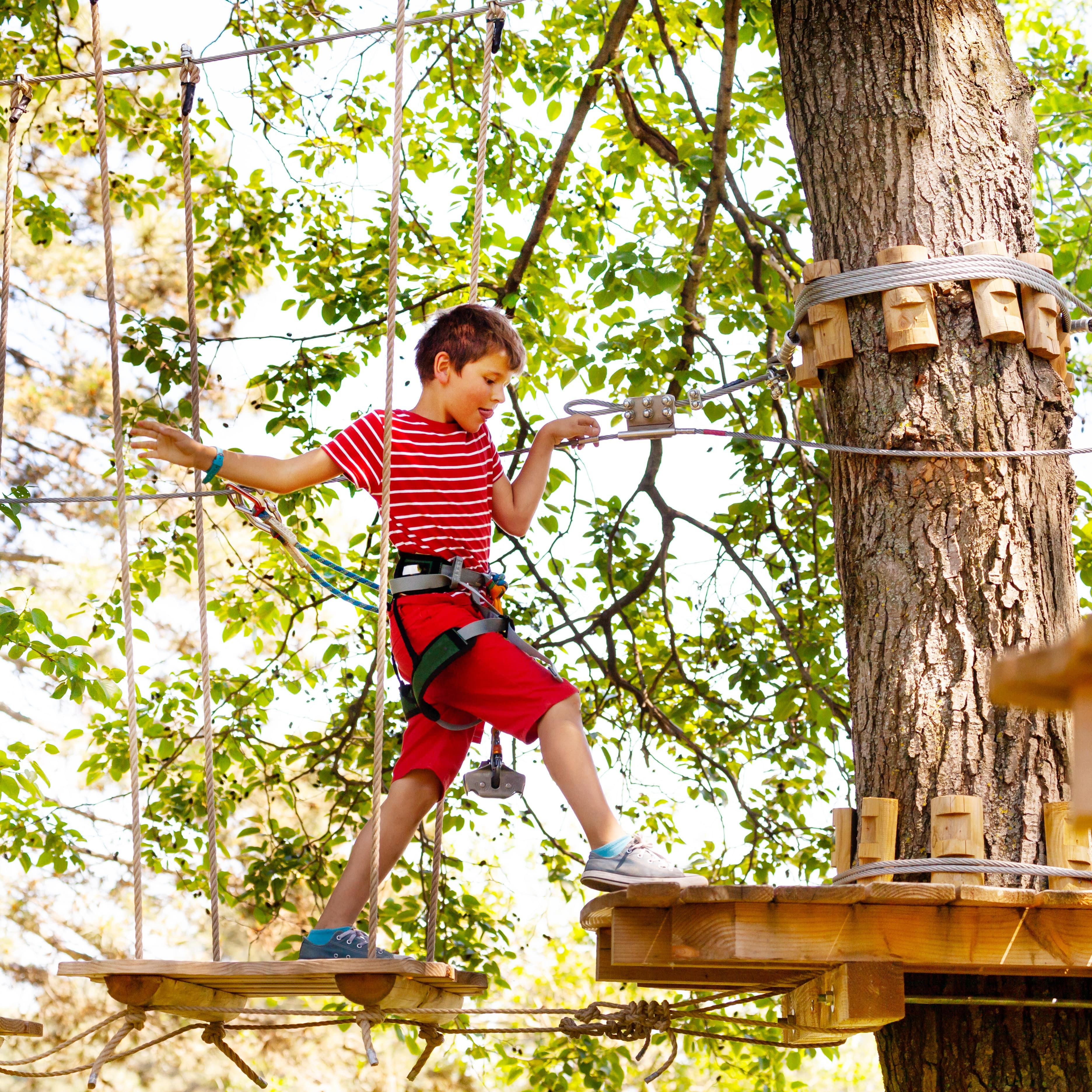 Junge in roter Sommerkleidung balanciert auf einem Parcours im Kletterwald.
