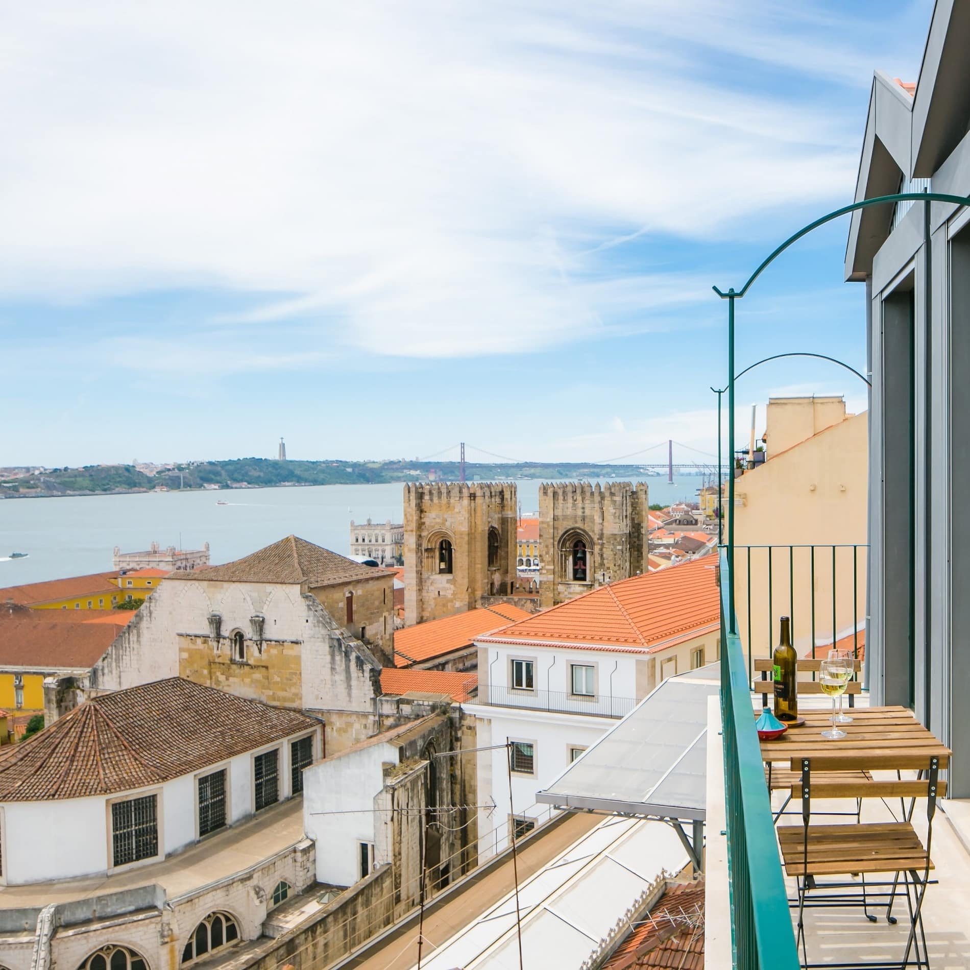 Blick vom Balkon der Ferienwohnung über den Tejo, Zwillingstürme einer Kirche und eine Hängebrücke in der Ferne