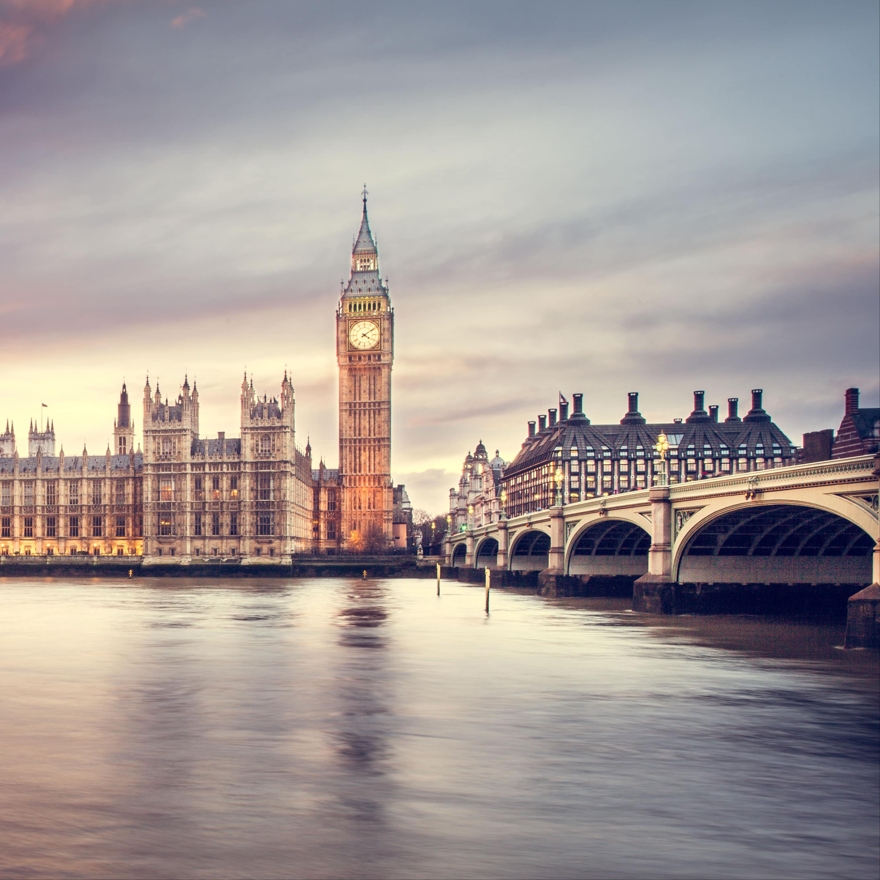 Views of London's Big Ben clock tower across the River Thames