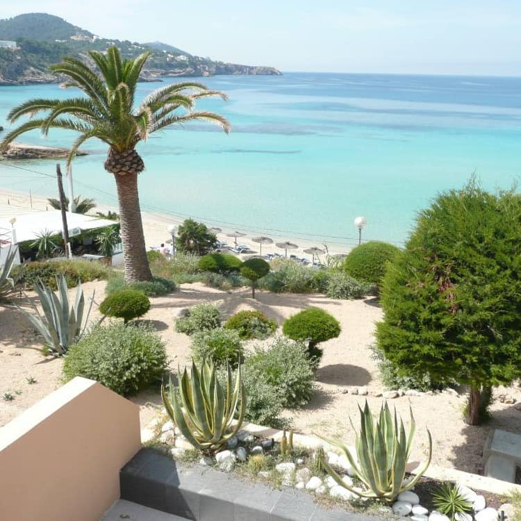 Ferienwohnung auf Ibiza mit Terrasse und Blick übers Meer und auf die bewaldete Küste 