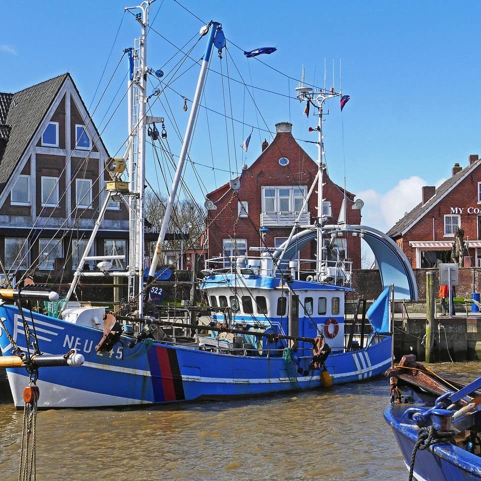 Von den Ferienwohnungen am Hafen von Neuharlingersiel blicken Sie direkt auf die Krabbenkutter, mit denen Sie auch mitfahren können.