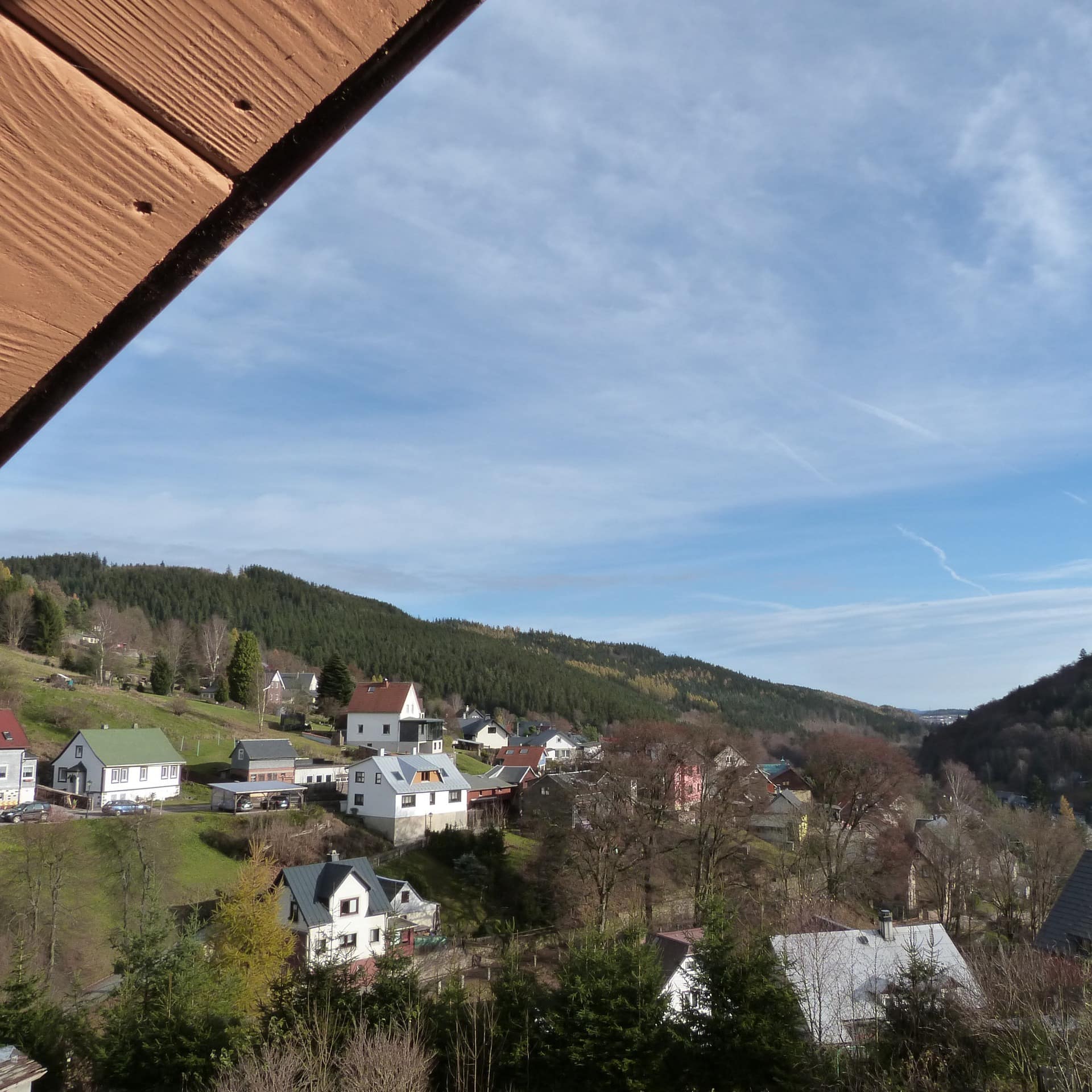 Blick aus einem Dachfenster auf ein Dorf im Thüringer Wald.