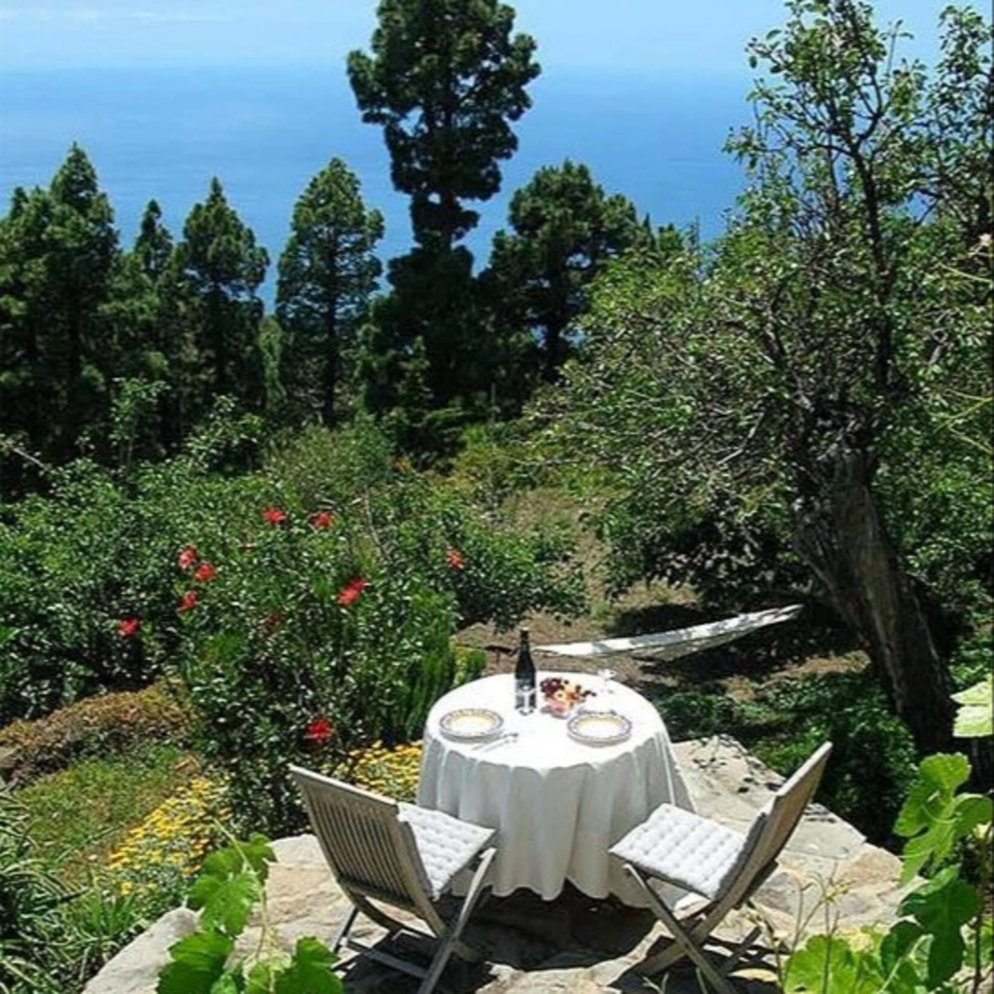 Ferienhaus auf La Palma mit kleiner Terrasse und Tisch, von wo aus man ein Waldstück und das Meer überblickt