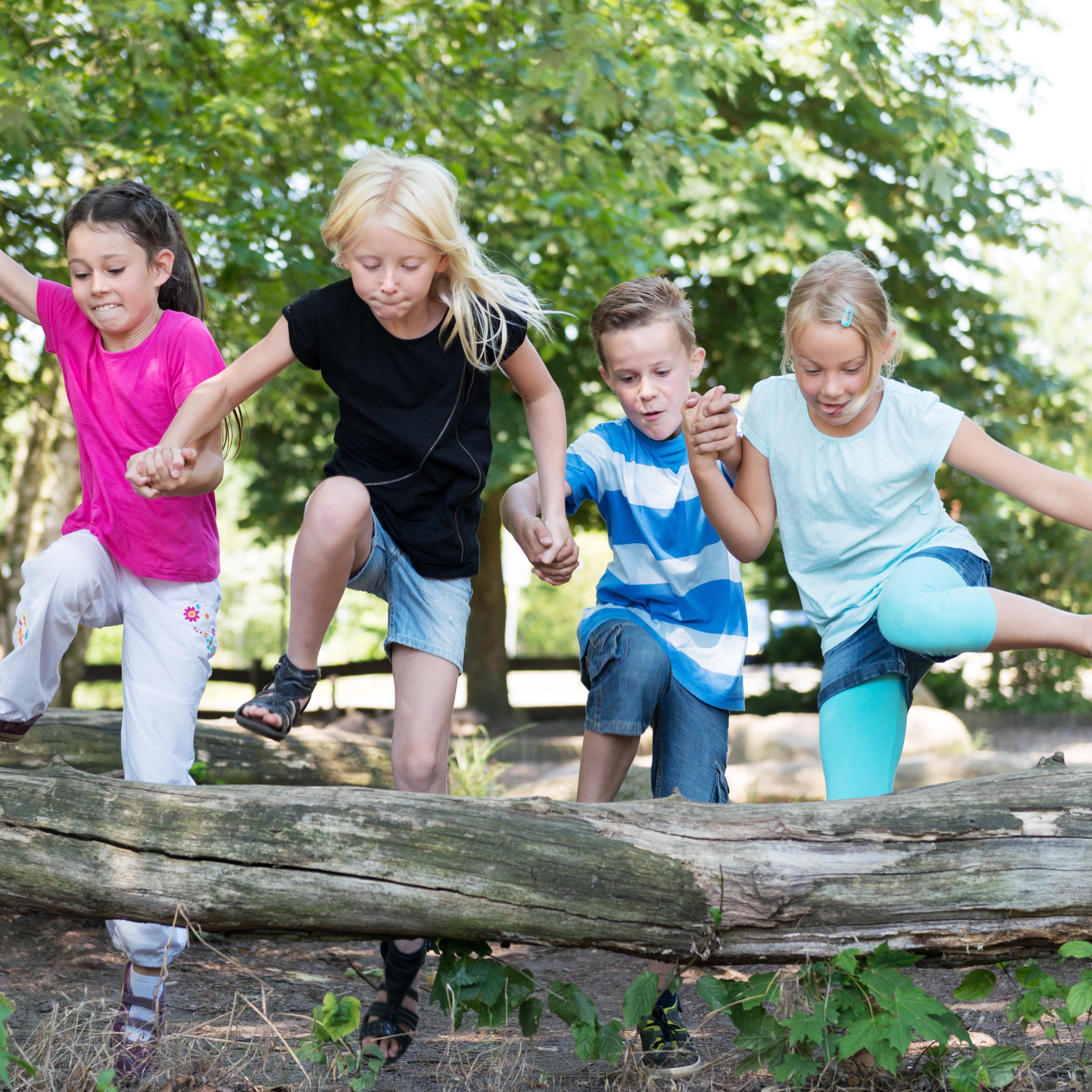 4 Kinder halten sich an den Händen und steigen über einen Baumstamm.