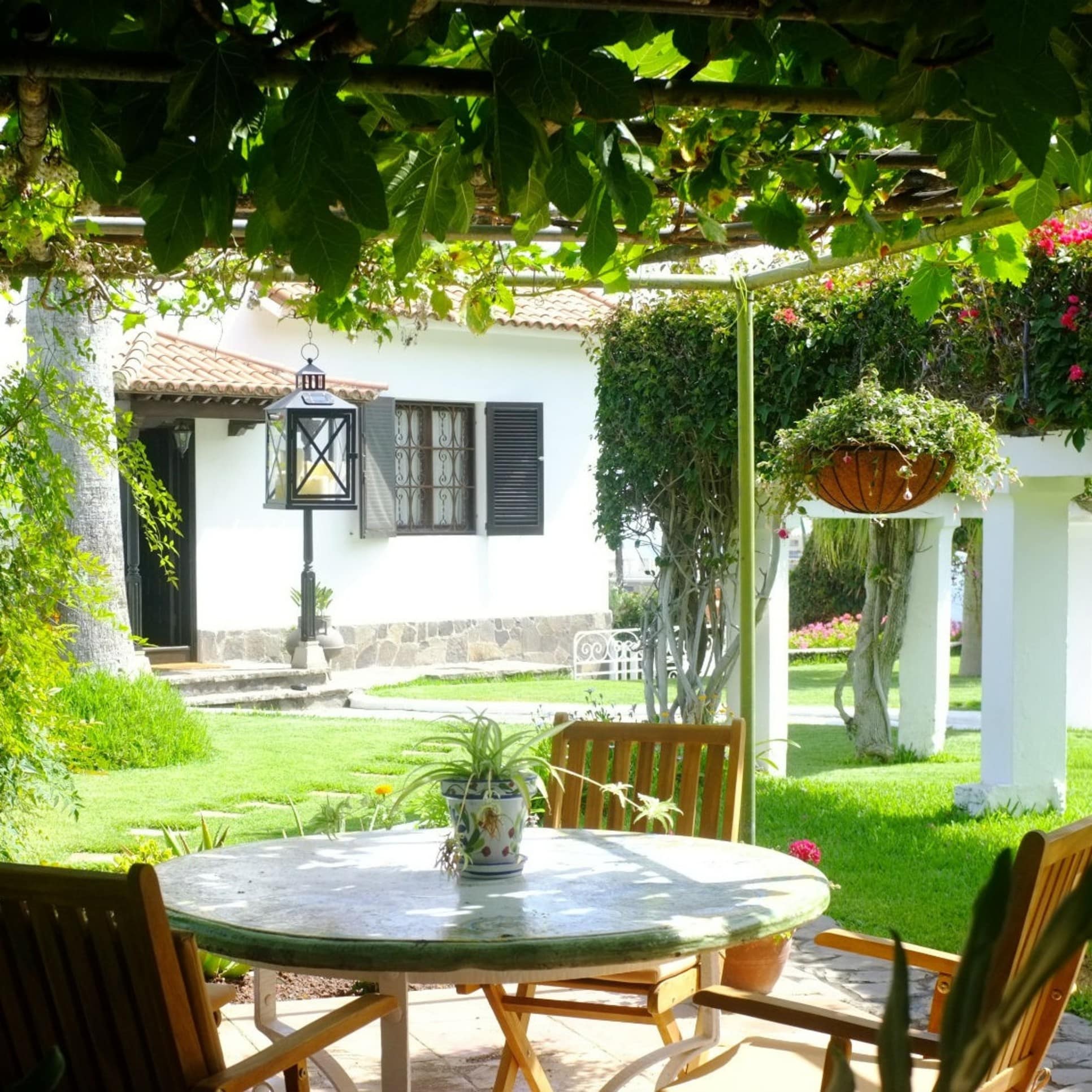 Seitenblick von einer schattigen Terrasse auf einen Bungalow auf Teneriffa mit Garten