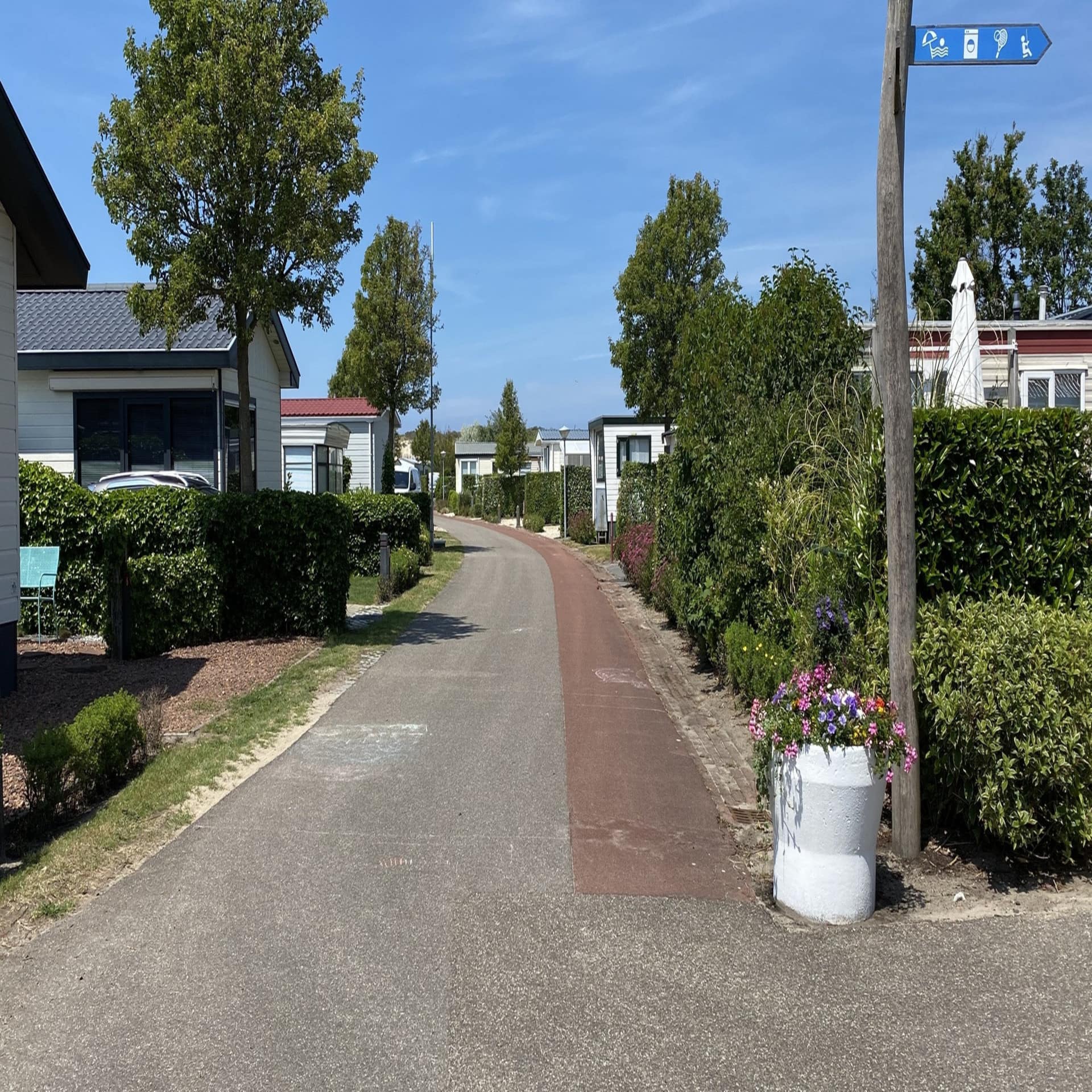 Straße mit kleinen Häusern in einem Ferienpark in Zeeland. Die Sonne scheint. 