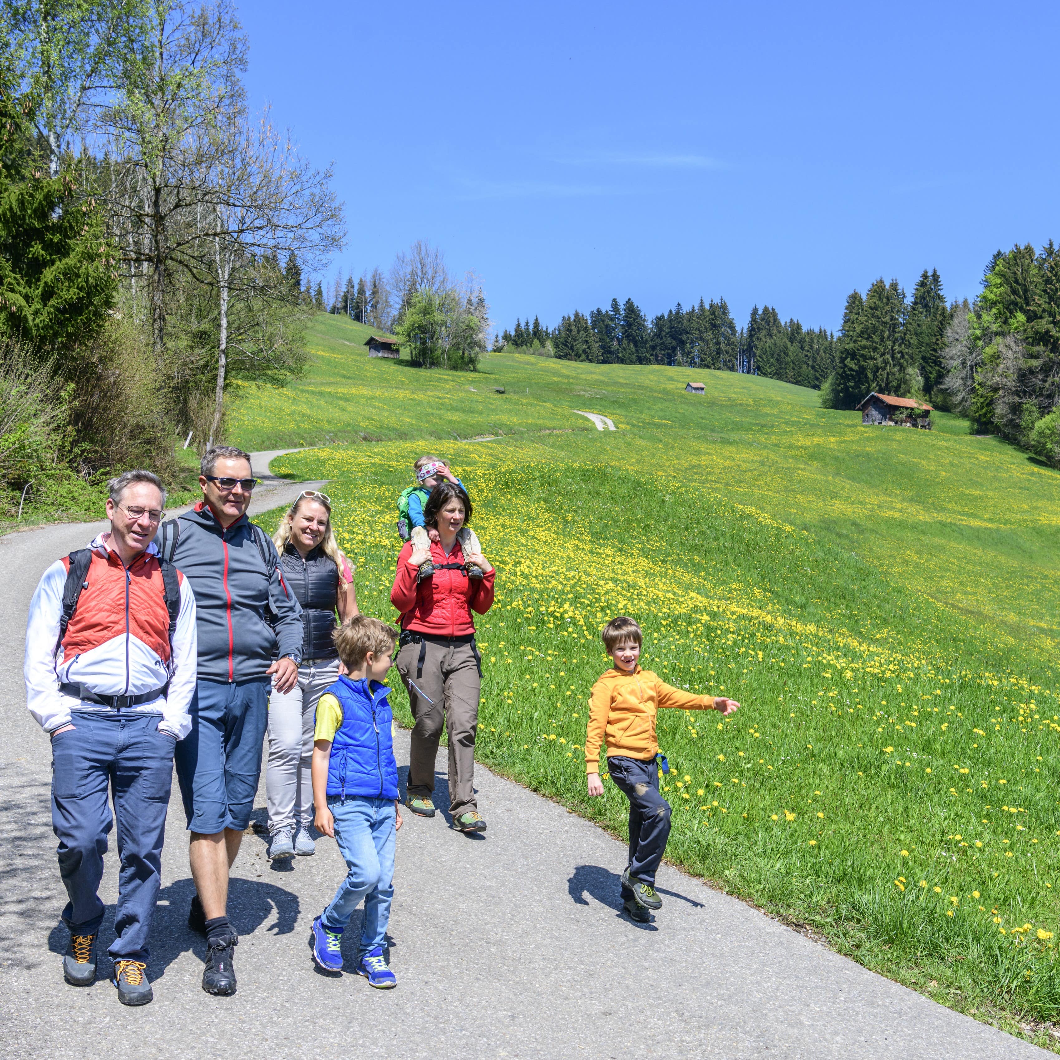 Erwachsene und Kinder beim Wandern im Allgäu.