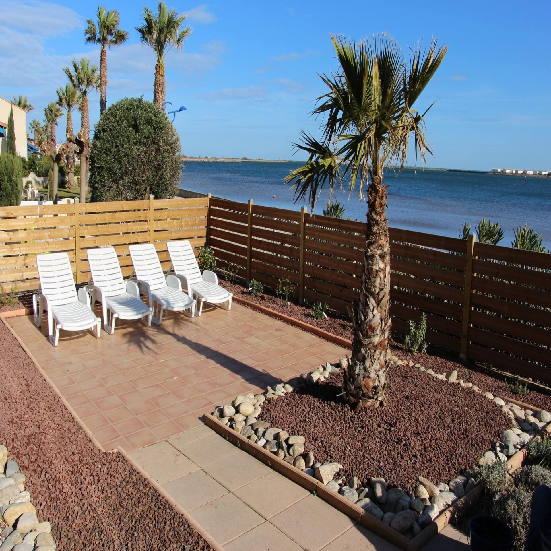 Große Terrasse mit Liegestühlen und Palme direkt am Meer. Die Sonne scheint. 