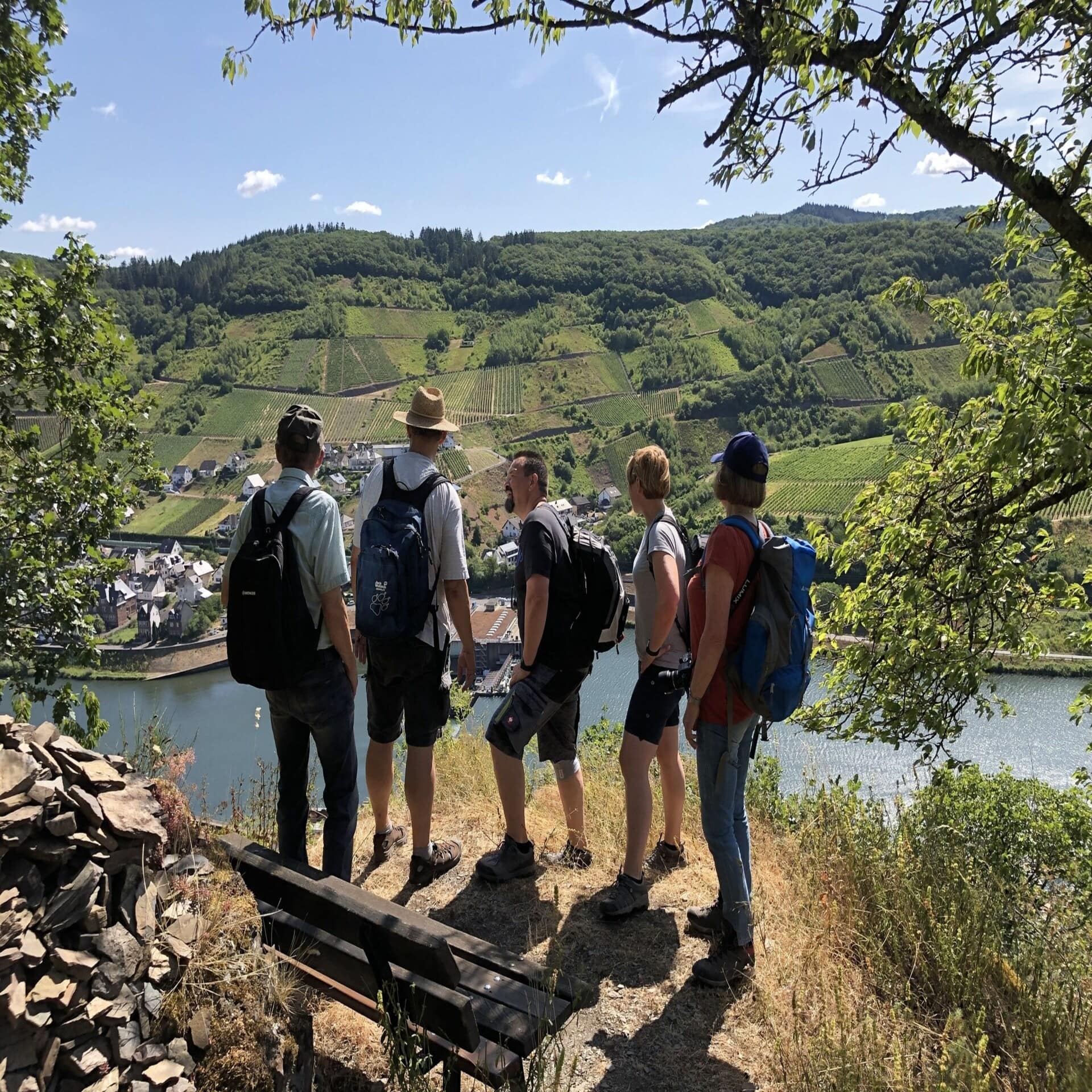 5 Wanderer auf einem Hügel blicken auf die Mosel und den gegenüberliegenden Ort.