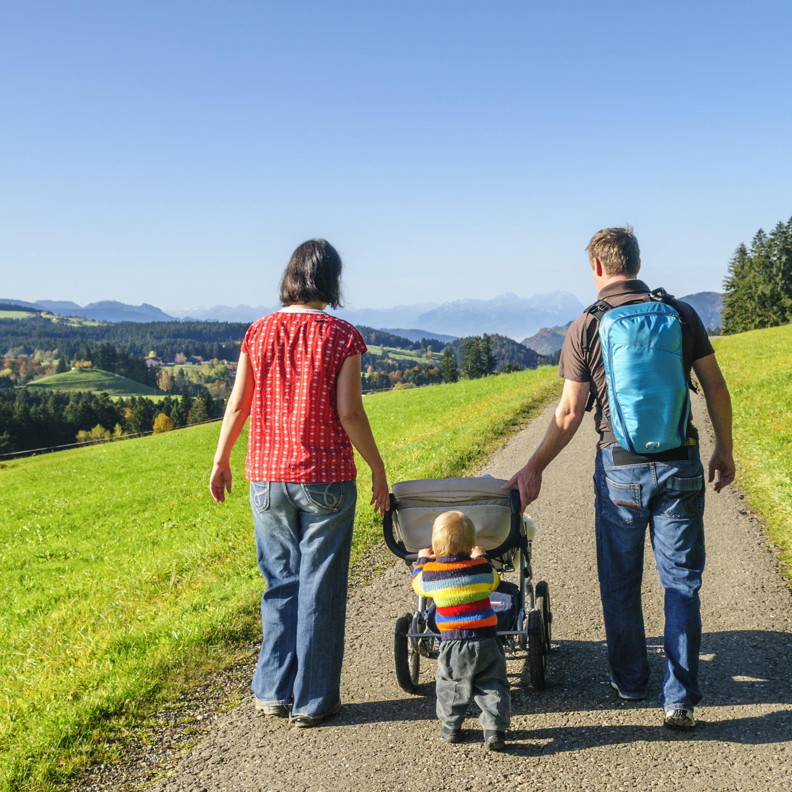 Rückenansicht: Vater, Mutter und in der Mitte ein Kleinkind, das einen Kinderwagen schiebt auf einem Wanderweg im Grünen. 