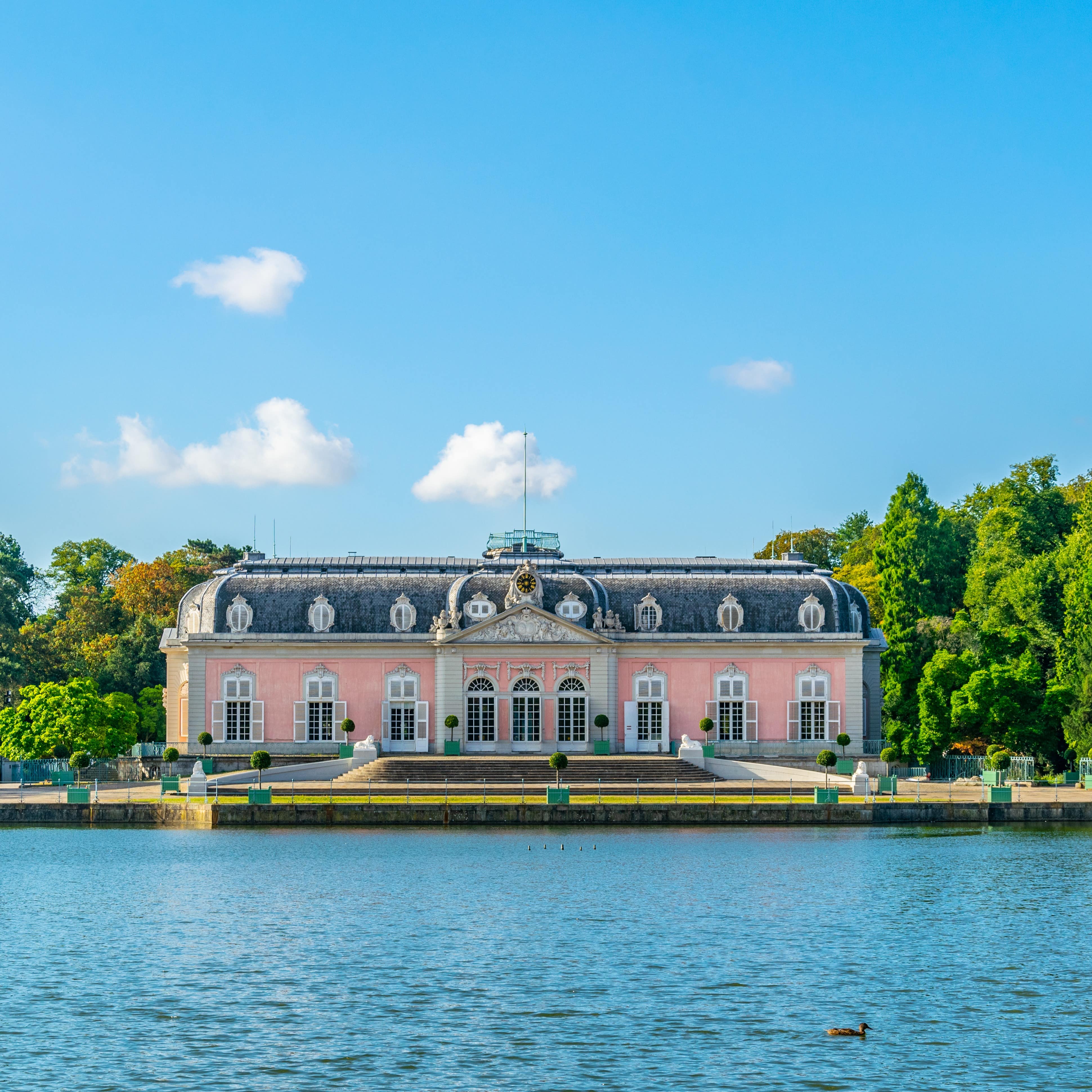 Blick von vorne auf das rosa Schloss Benrath, davor Wasser, dahinter Bäume.