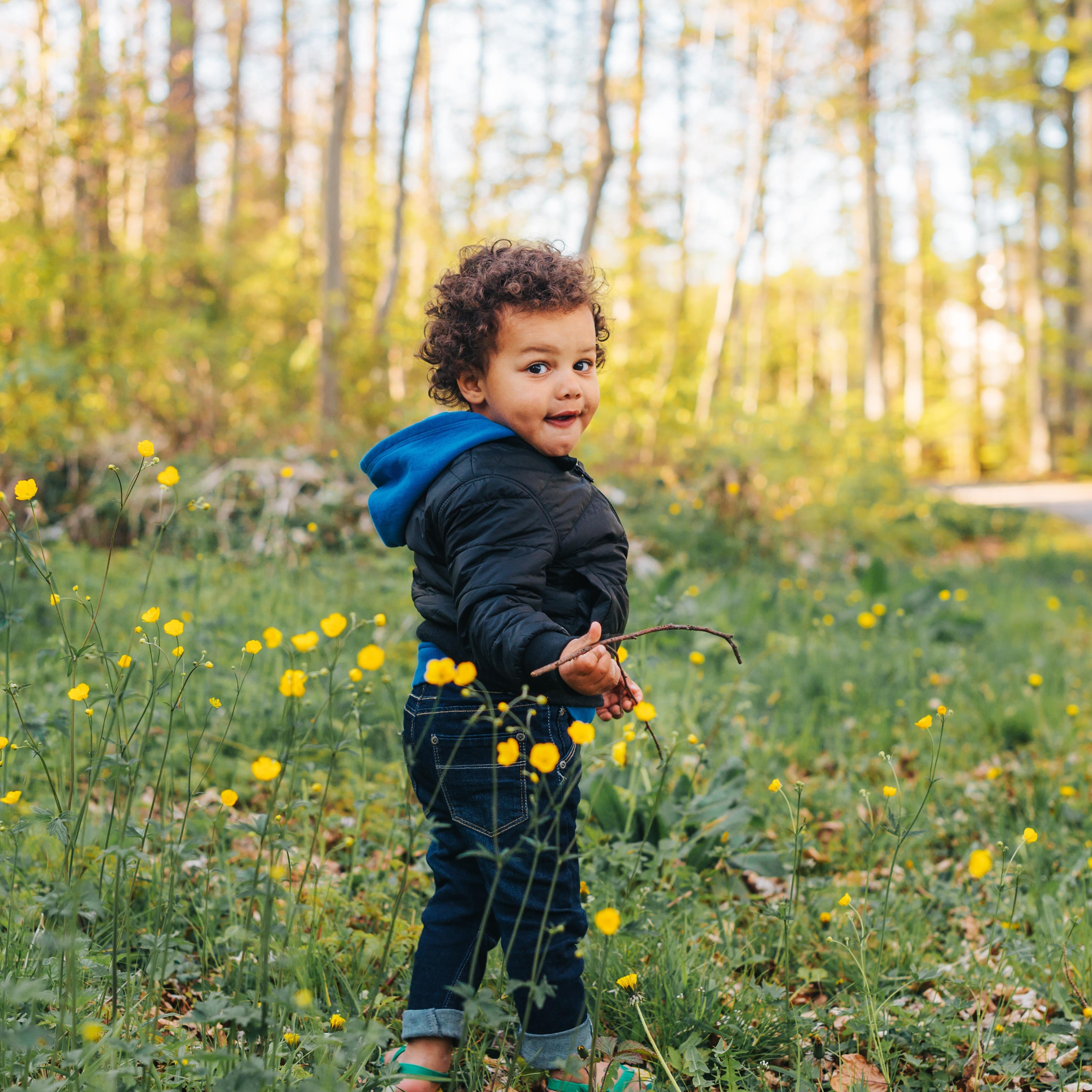 Kleiner Junge in Jeans und Jacke zwischen blühenden Blumen im Wald. Er schaut in die Kamera.